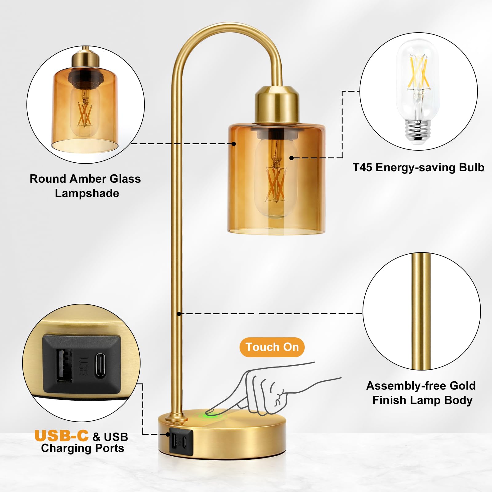 Amber Gold Desk Lamps For Home Office - 3 Way Dimmable Touch Gold Lamp With Usb C+A Ports, Nightstand Lamp With Glass Shade,Bedside Table Lamps For Night Stands, Bedroom,Living Room, Led Bulb Included
