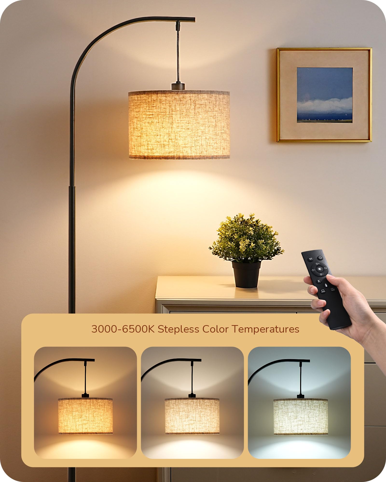 Edishine Modern Arc Floor Lamp With Beige Linen Drum Shade & Heavy Base, Dimmable Black Reading Light, Remote Control Bulb Inclu