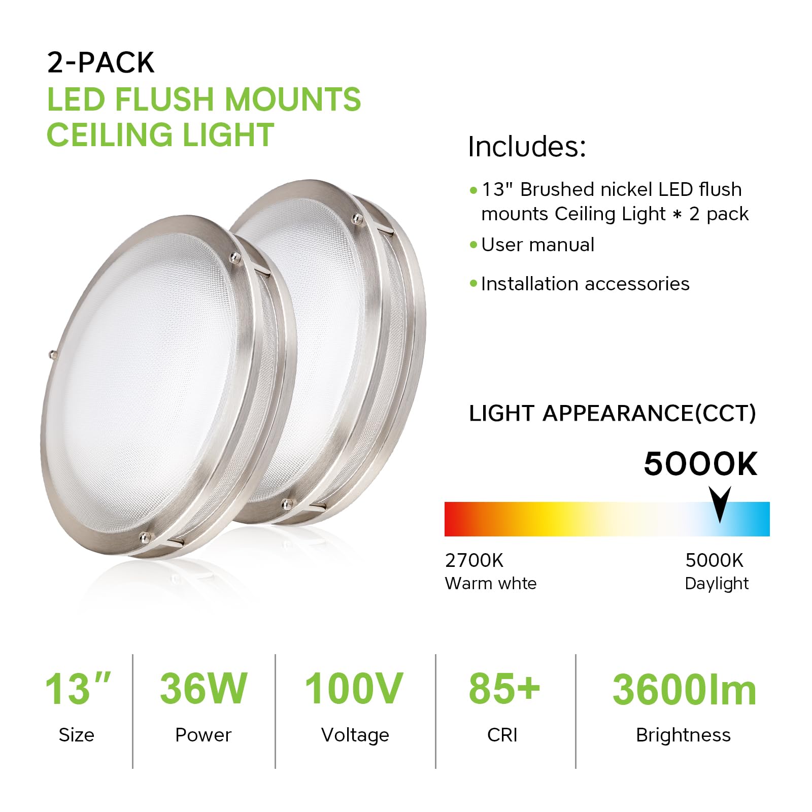 Elekeed 2Pack 36W Led Ceiling Light Fixture, 13Inch Flush Mount Ceiling Light With Double Shade Design Super Bright 3600 Lumen,