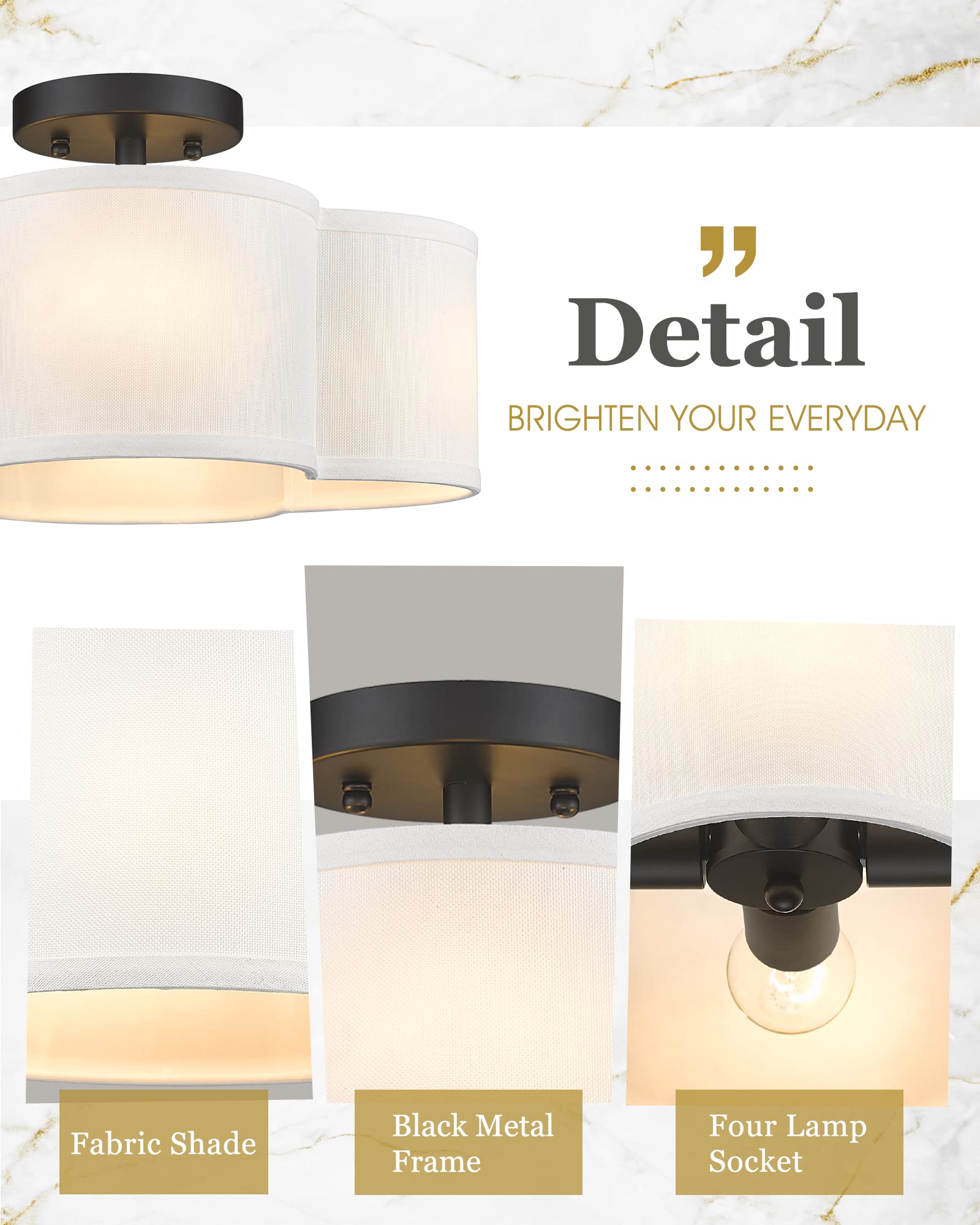 Audickic Black Semi Flush Mount Ceiling Light, 13" Fabric Shade, Quatrefoil Design, Metal, Model AD-22007-4SF-BK