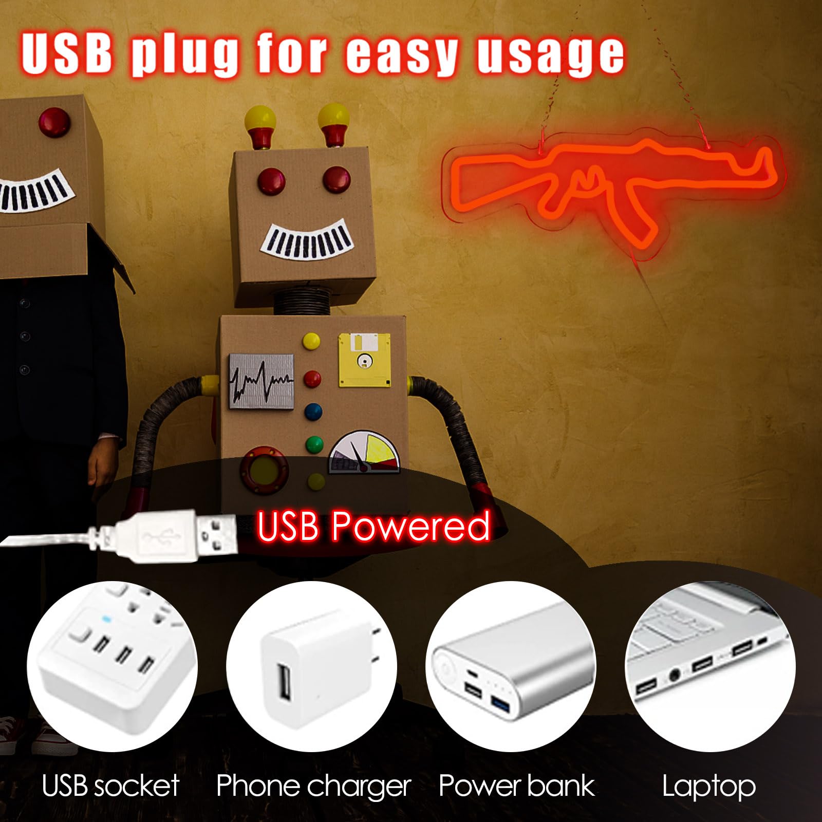 Ak47 Gun Neon Sign Gun Neon Light Led Neon Sign For Wall Décor Dimmable Led Neon Light For Bar Restaurant Music Concert Man Cave Wall Art 16.5"×6.3"