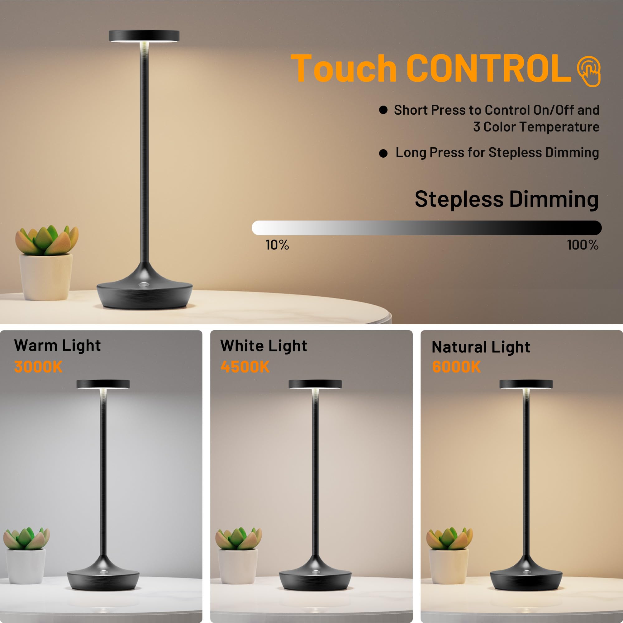 YHT Cordless LED Desk Lamp, 6000mAh Rechargeable, Waterproof, 3-Color Touch Dimmable, Model X86, Black 1P