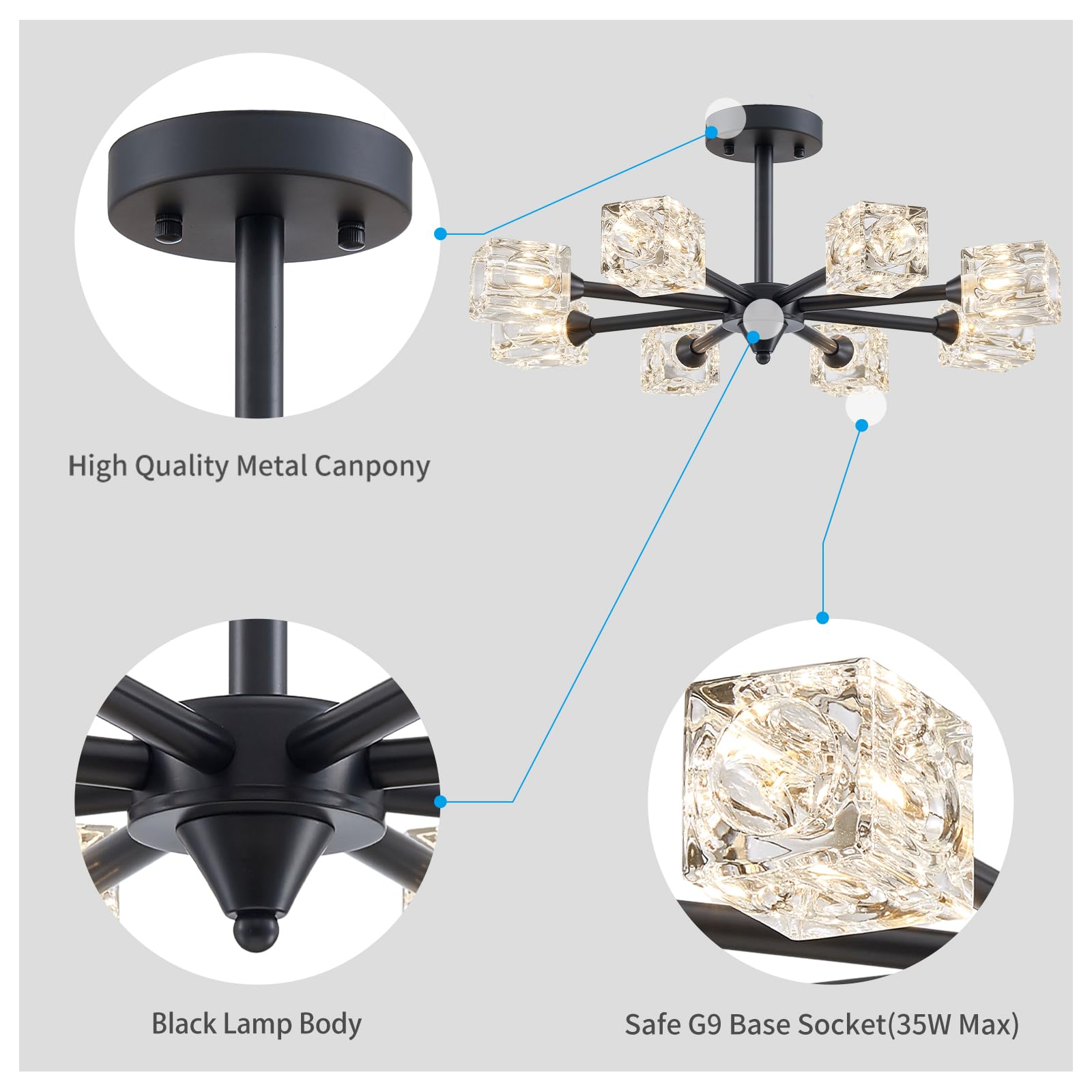 Xingqi Black Sputnik Chandelier Ceiling Light Fixture 8 Lights Farmhouse Semi Flush Mount Ceiling Light Industrial Glass Lightin