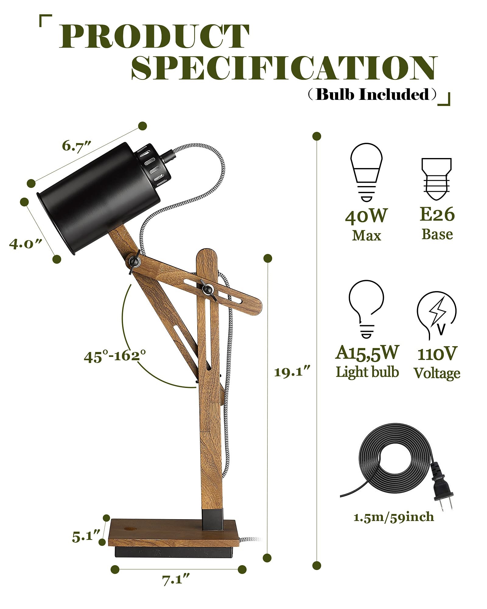 ELYONA Touch Control Desk Lamp - Adjustable Sapele Wood, Wireless Charging, USB Port, 19" Black & Brown, LED Bulb Included