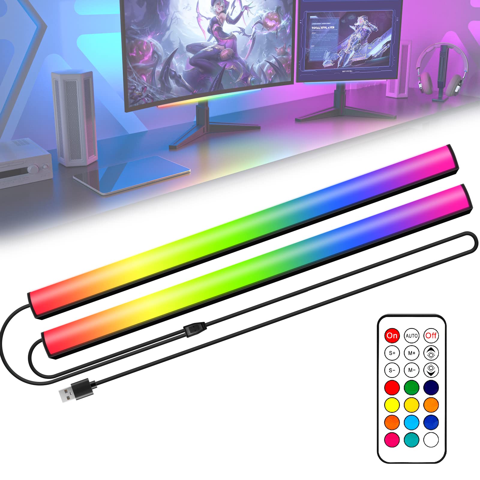 ABCidy Under Monitor Light Bar, RGB 2PCS Screenbar Light Desk Lamp Computer, LED Dynamic Rainbow Effect Gaming USB Powered, Remo