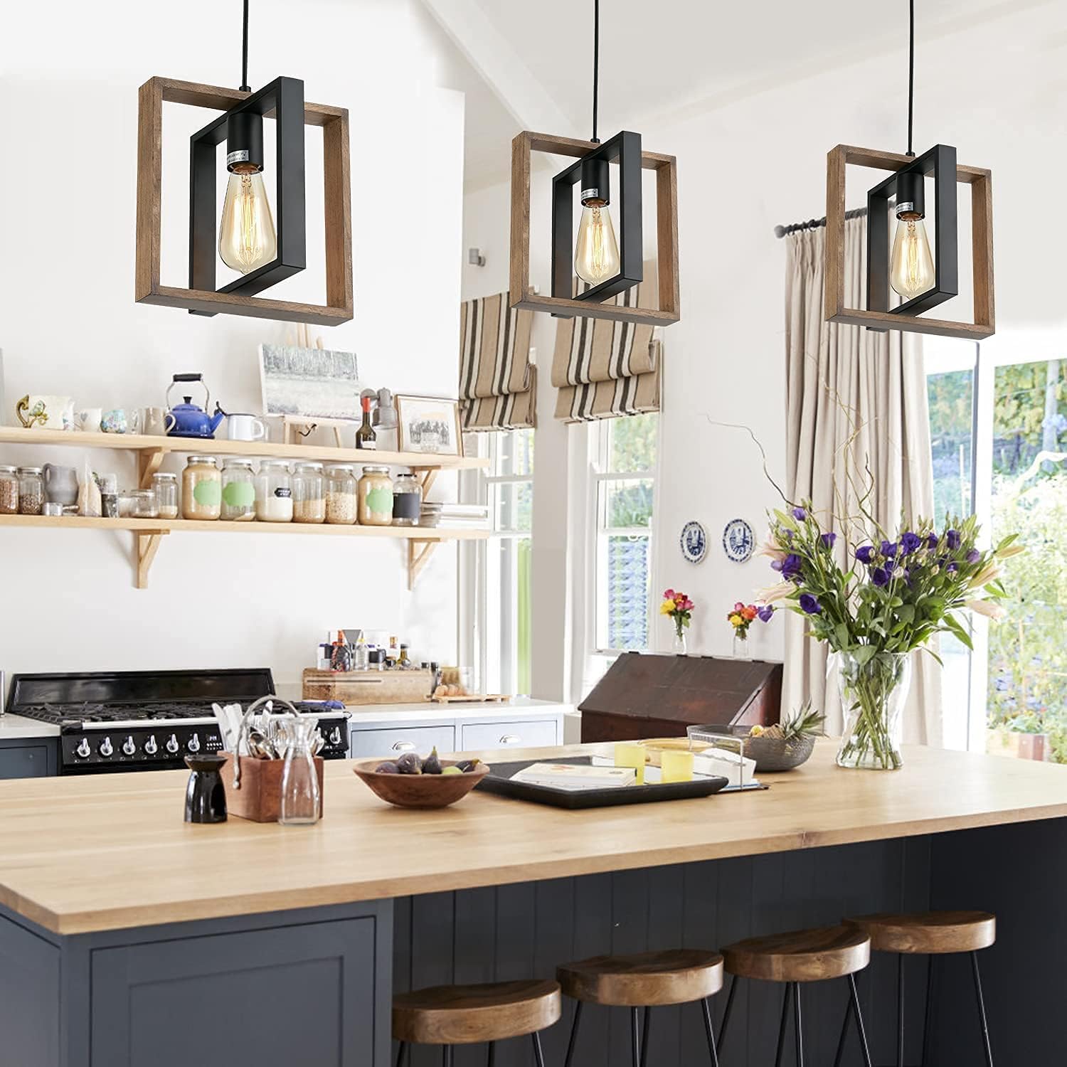 CAFULAM Modern Adjustable Black Pendant Lighting, 2 Pack Wood+Metal Fixture for Kitchen Island, Model PTC
