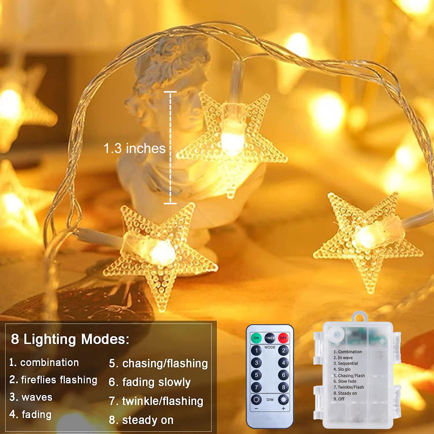Brightown Star String Lights - 50 LED, 17 ft, Battery Operated, Warm White, Waterproof, Remote & Timer for Party Decor
