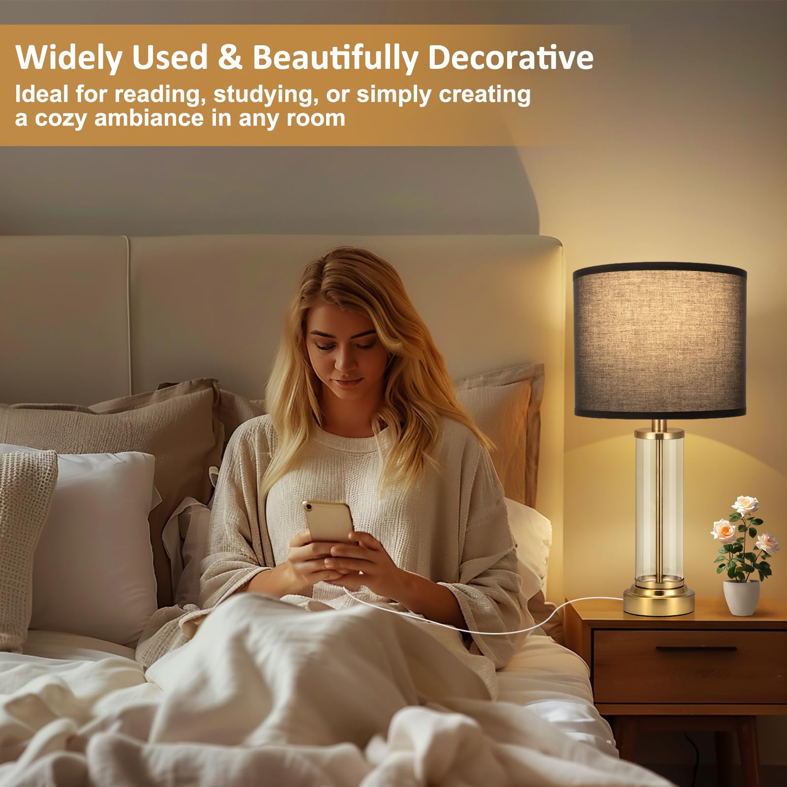 Black Gold Bedroom Lamps Set Of 2 - Touch Bedside Lamp For Night Stands With Usb C+A, 3 Way Dimmable Nightstand Table Lamps For