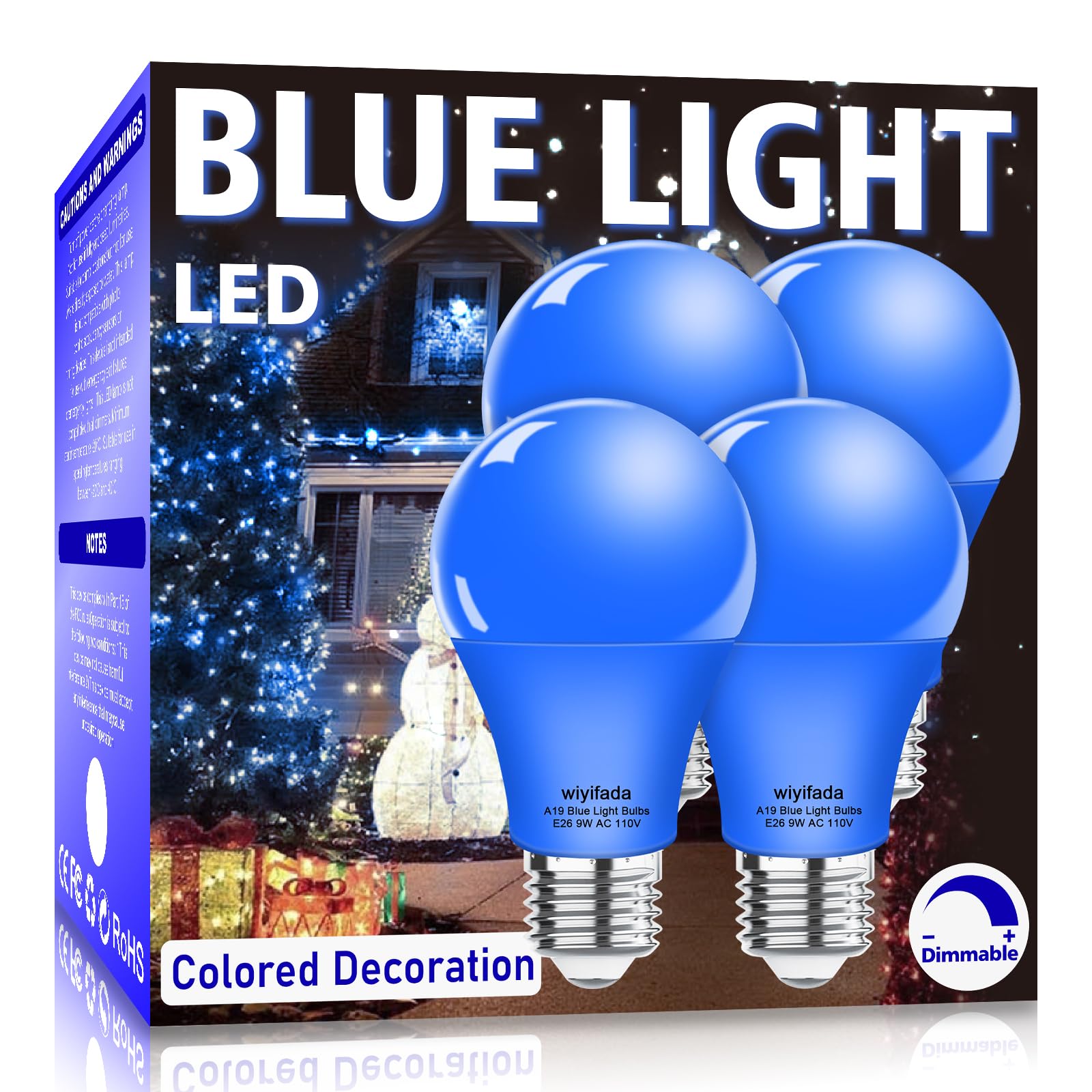 Wiyifada 4 Pack A19 Led Blue Light Bulbs,110V E26 Christmas Blue Led Lights 9W Replace Up To 100W,Dimmable Colored Light Bulbs F