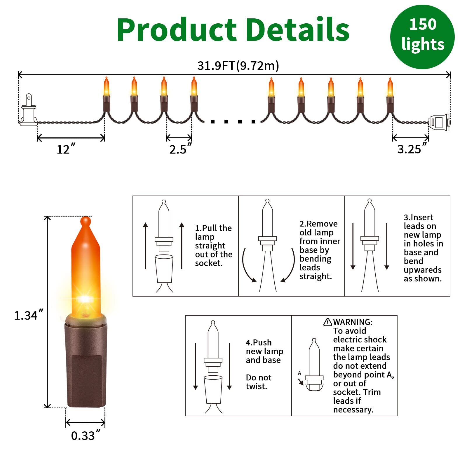 Lamphome 31.9Ft 150-Count Halloween Decoration Lights With Brown Wire, String Lights For Holiday Decorations, Halloween Tree Lights, Holiday Party, Home, Indoor & Outdoor Use (Brown Wire Orange)