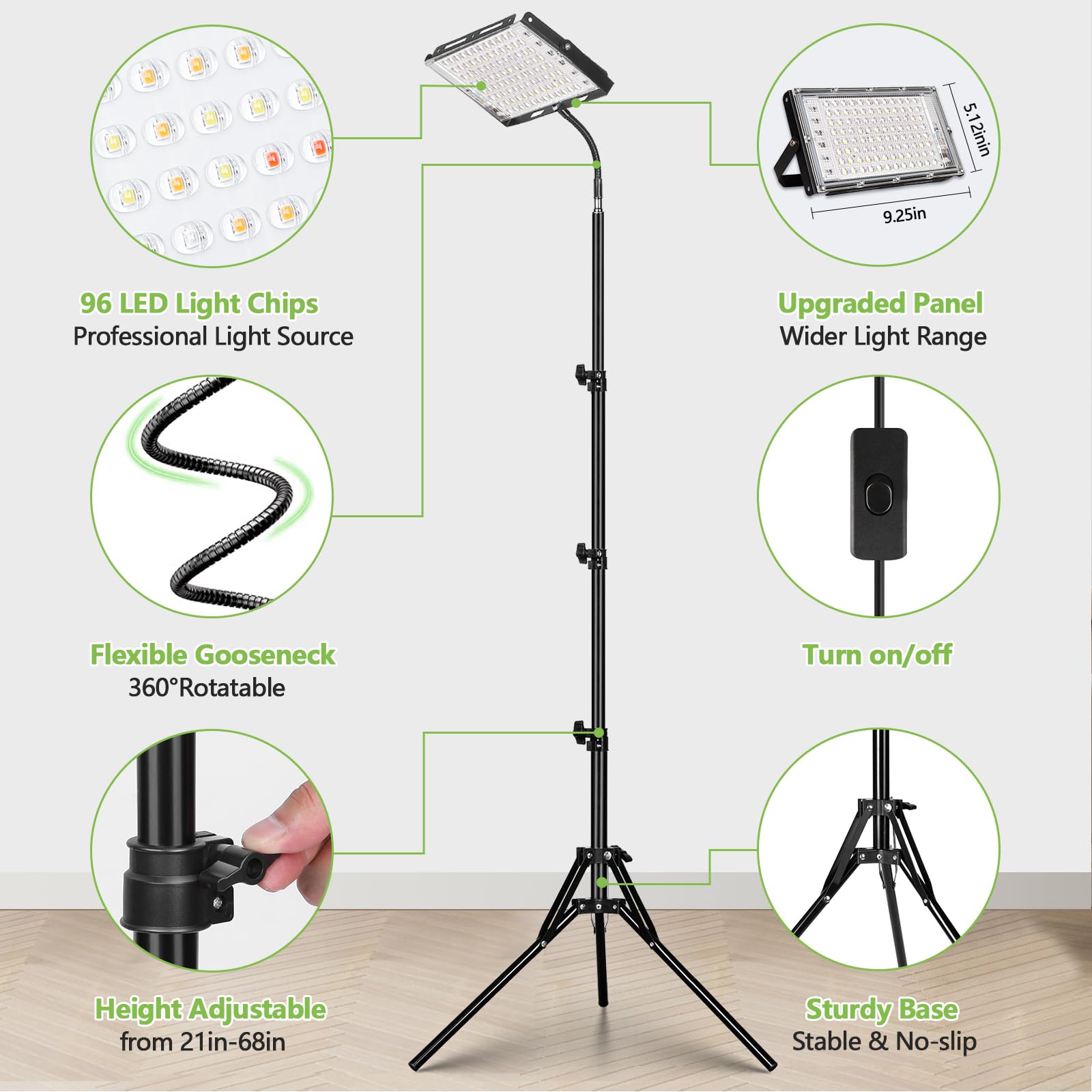 LBW Full Spectrum LED Grow Light for Indoor Plants, Adjustable Tripod 21-68in, Black, Ideal for Tall Houseplants, Large One Head