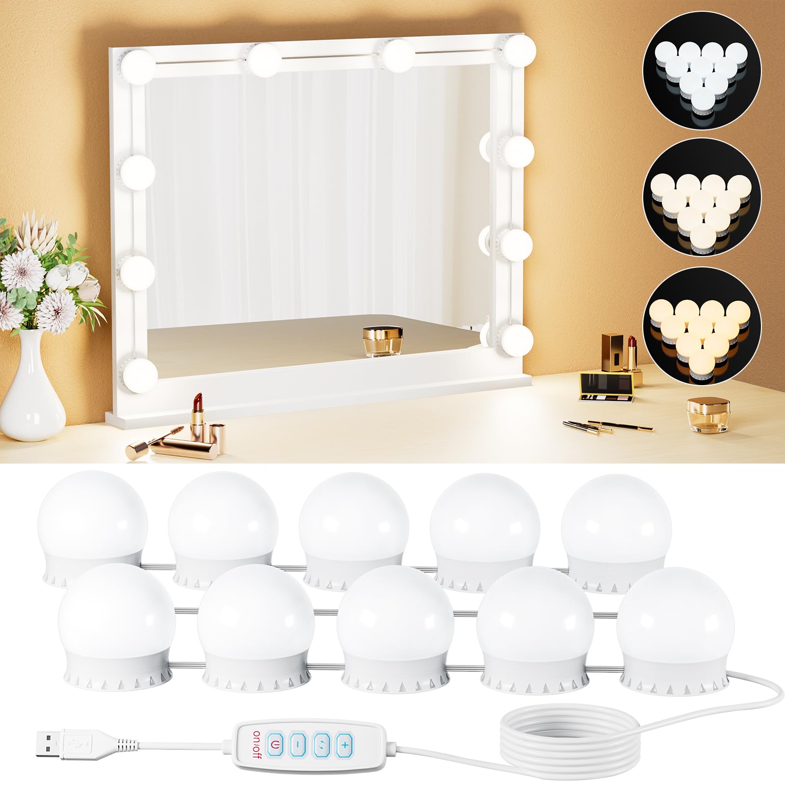 Yarnock 10 Bulbs LED Vanity Lights for Mirror, 3-Color & 10-Brightness, Wire Length Adjustable, USB Cable, Hollywood Mirror Ligh
