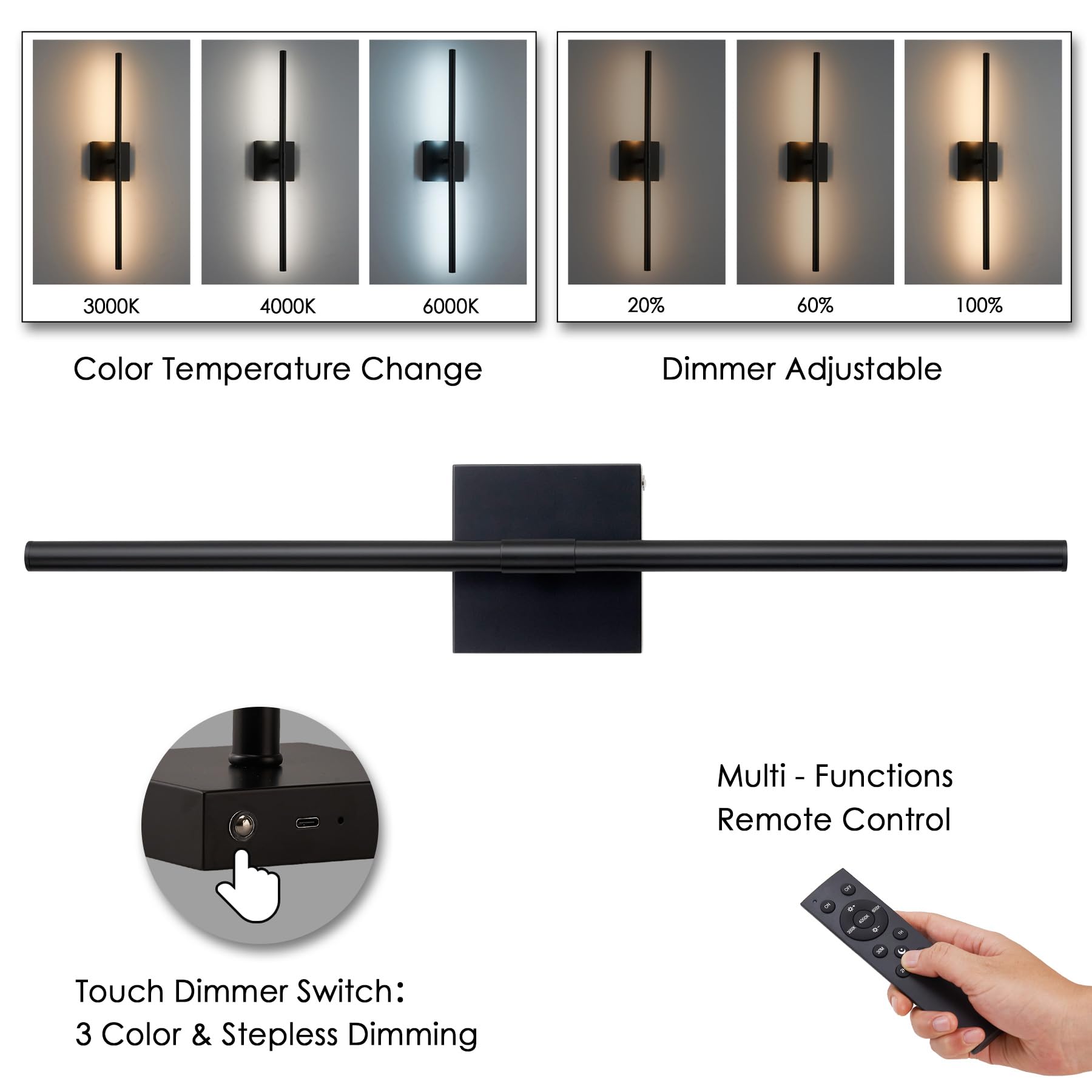 GWONER Battery Operated LED Wall Sconces, 25" Black, Wireless Dimmable with Remote, 360° Rotate, Model GW211B-2