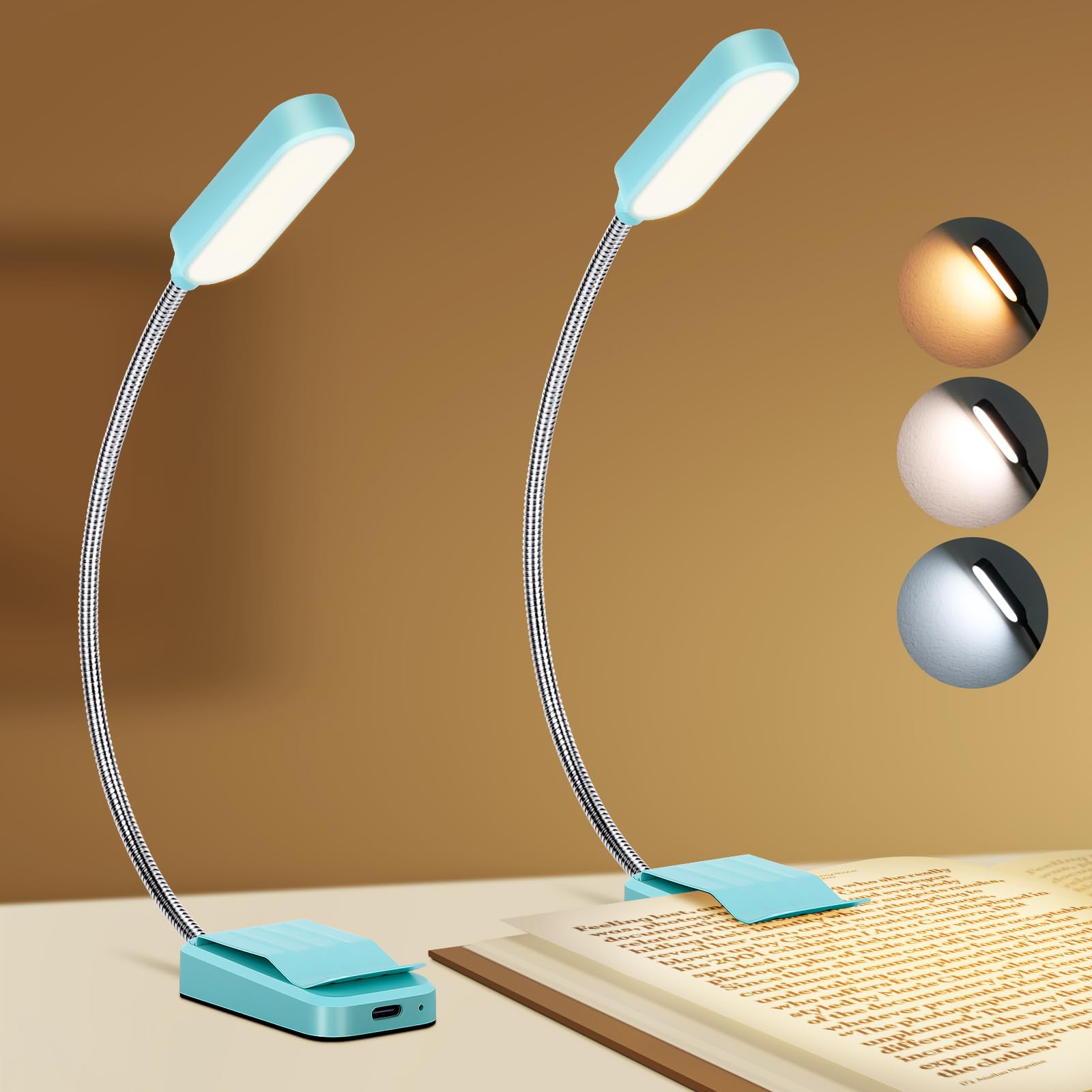Best World LED Book Light 2 Pack, Rechargeable, 3 Colors, Stepless Dimming, Flexible Clip-on, Cyan, Model WLM310-BLA-1W-05
