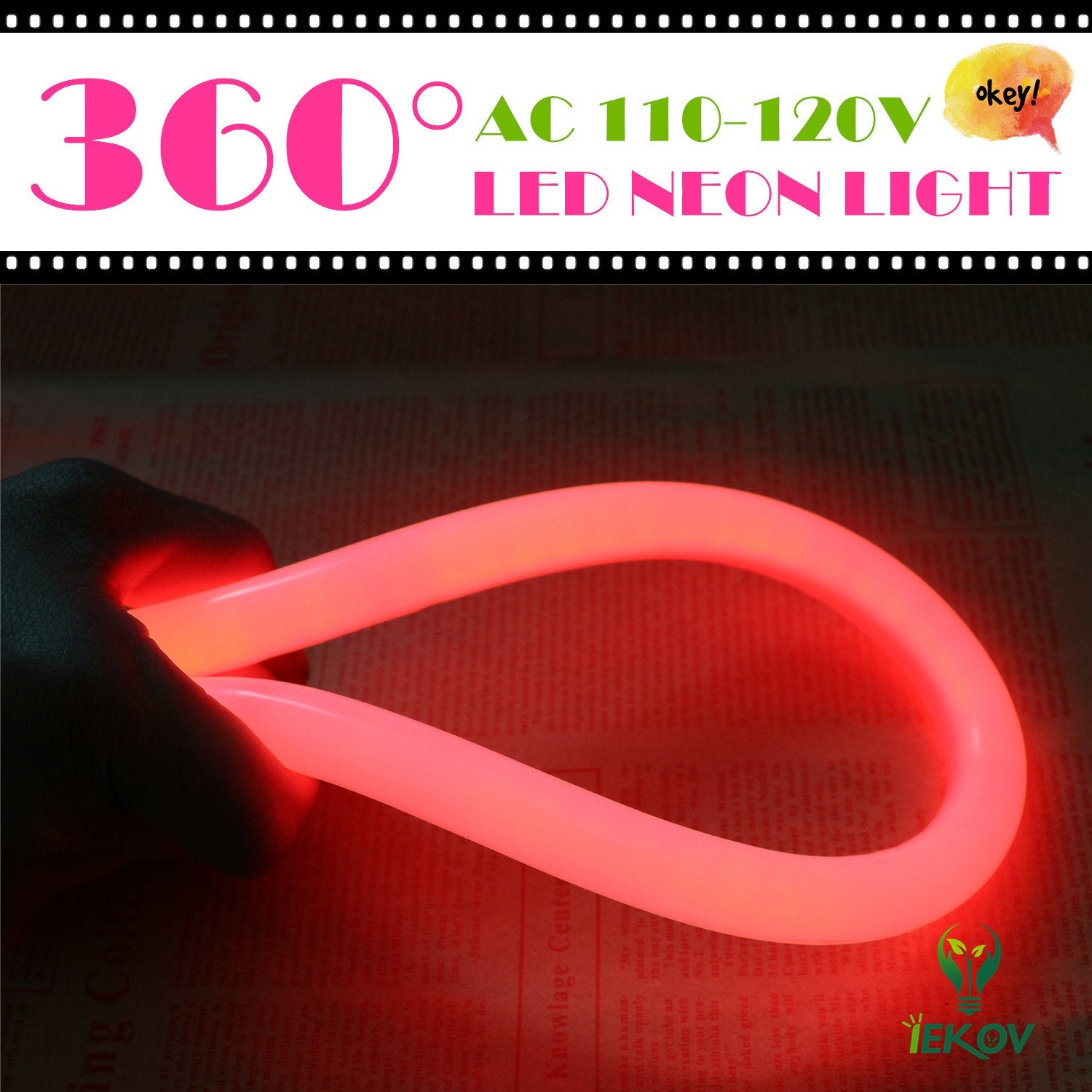 Iekov 360° Led Neon Light, Dimmable Waterproof Rope Light, 5M/16.4Ft, Red, Model 110V-360-Neon-R-5M
