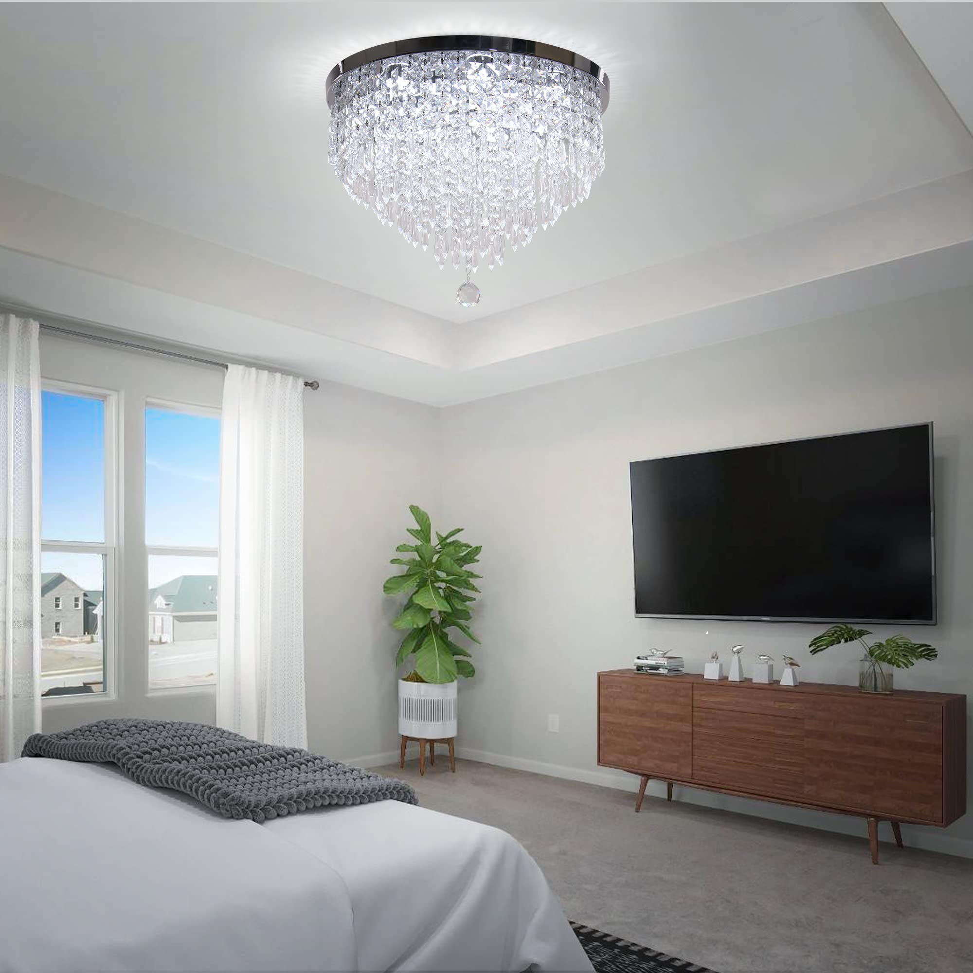 Ypqxyhda Modern Crystal Chandeliers Led 5 Tier Crystal Ceiling Light Fixture Flush Mount Ceiling Chandeliers For Dining Room Bed