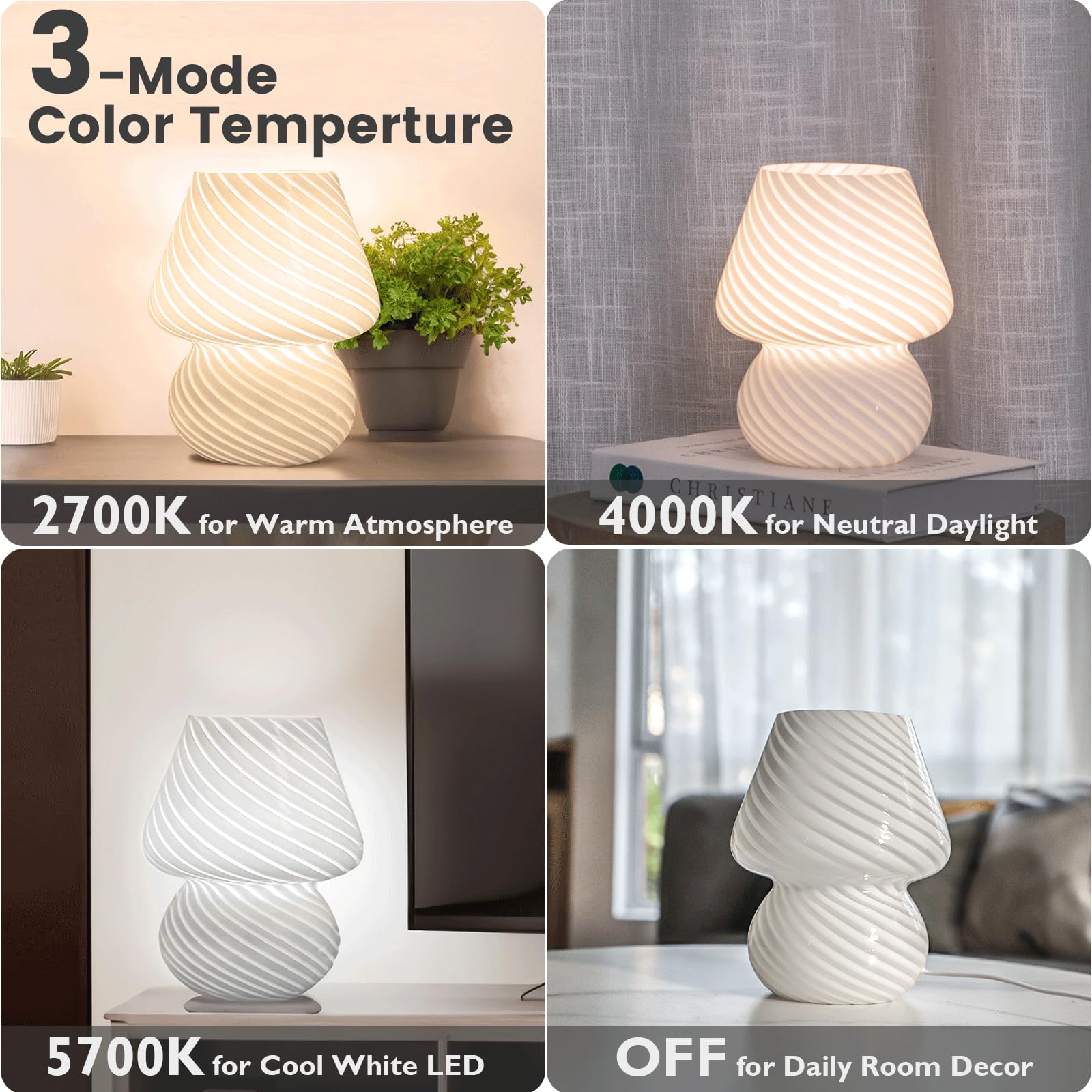 Ularoom Usb Plug-In Mushroom Lamp Small Bedside Table Lamp With 3 Temperature Led Bulb,Free Dimming Nights Light For Bedroom/Liv