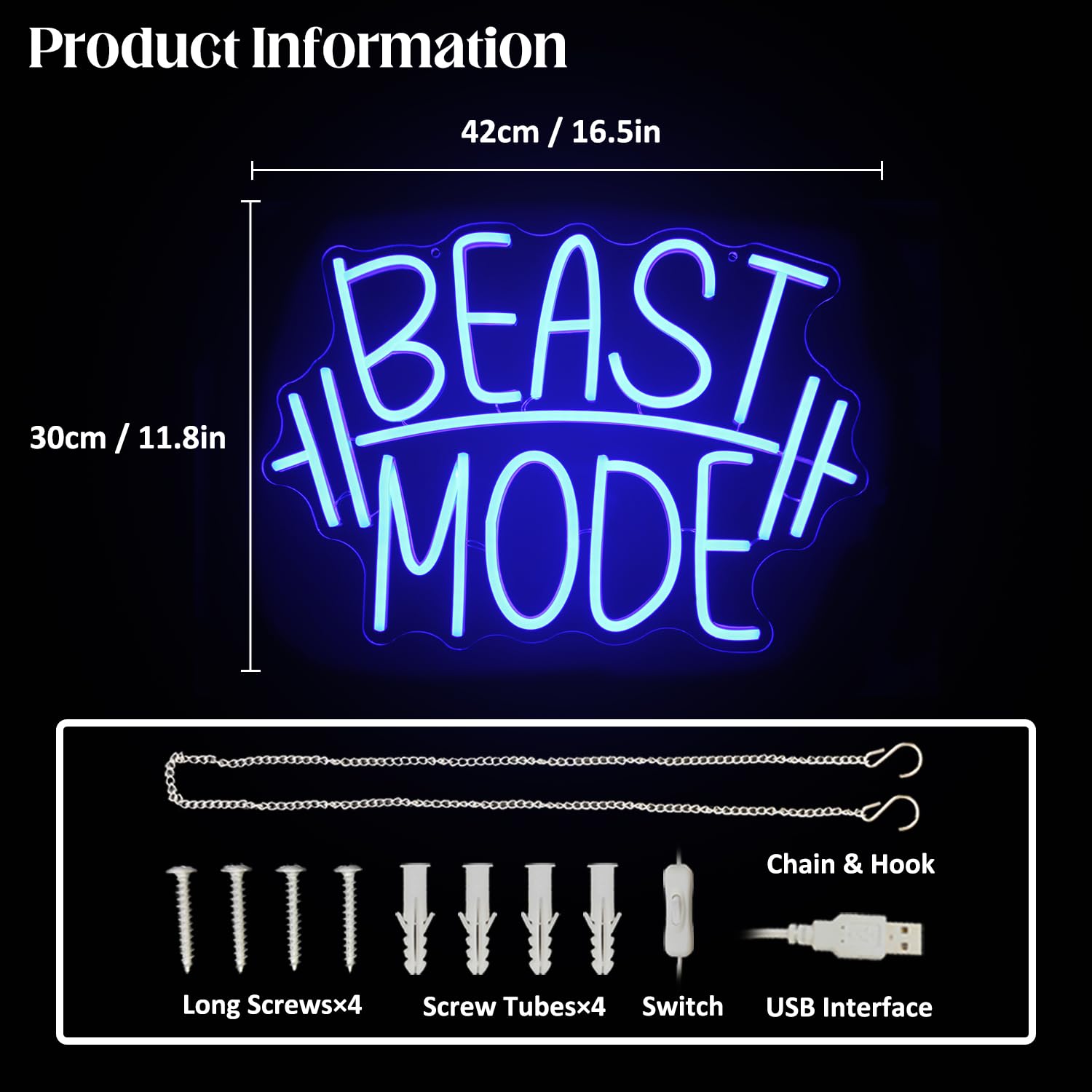 CKTBLEY Beast Mode Neon Sign - Blue LED Wall Art, 16.5x11.8 inches, Plastic, CC-Beast Blue, Motivational Gym Decor