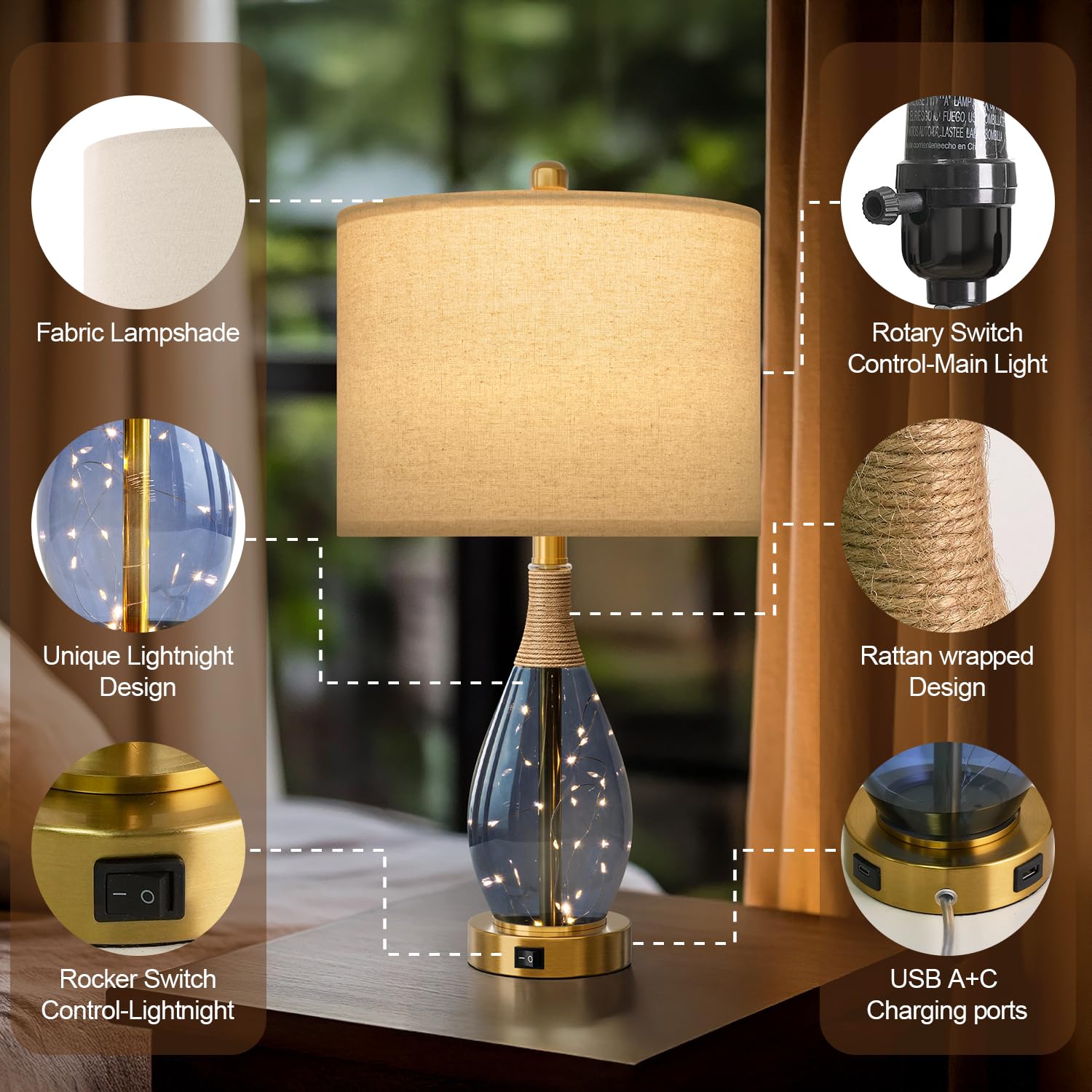 OYEARS 23" Blue Table Lamps Set of 2 - Rattan Boho Design, Glass Nightlight, USB C+A, Model AMZ-T1140BL-U