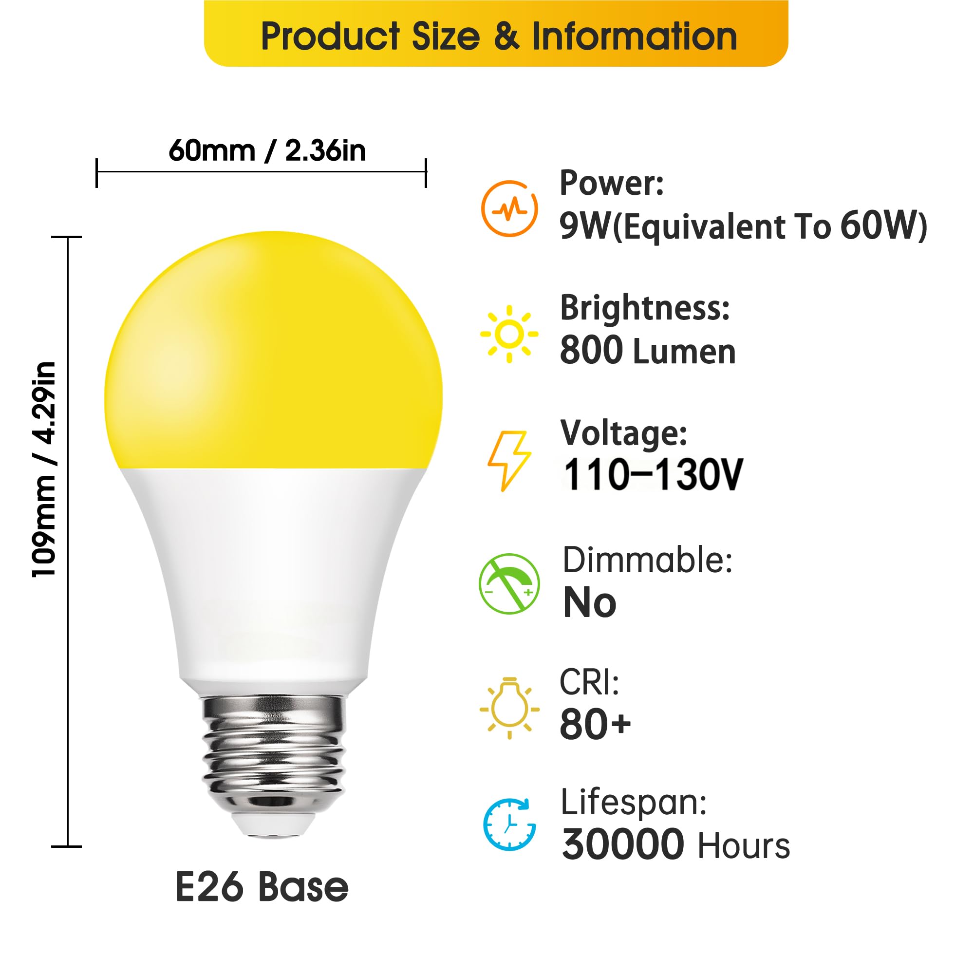 Baczao Yellow Bug Light Bulbs Outdoor, 9W (60W Equivalent) Amber 2000K Led Light Bulb For Outside, Backyard, Porch, Bedroom,Non-