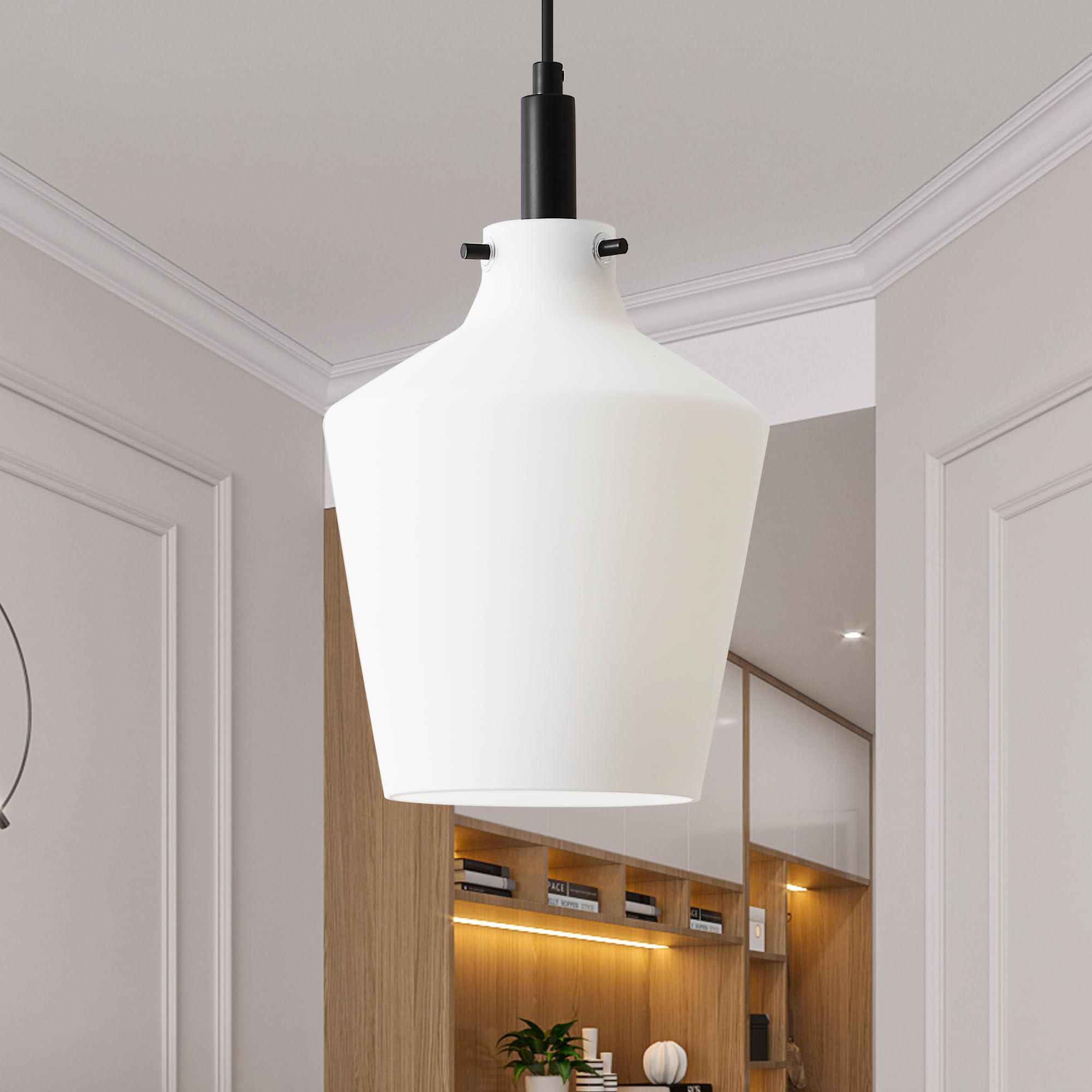 Vaziden Modern Milk Glass Pendant Lighting for Kitchen Island, Farmhouse Black Pendant Light Fixtures 1 Pack, Adjustable Hanging