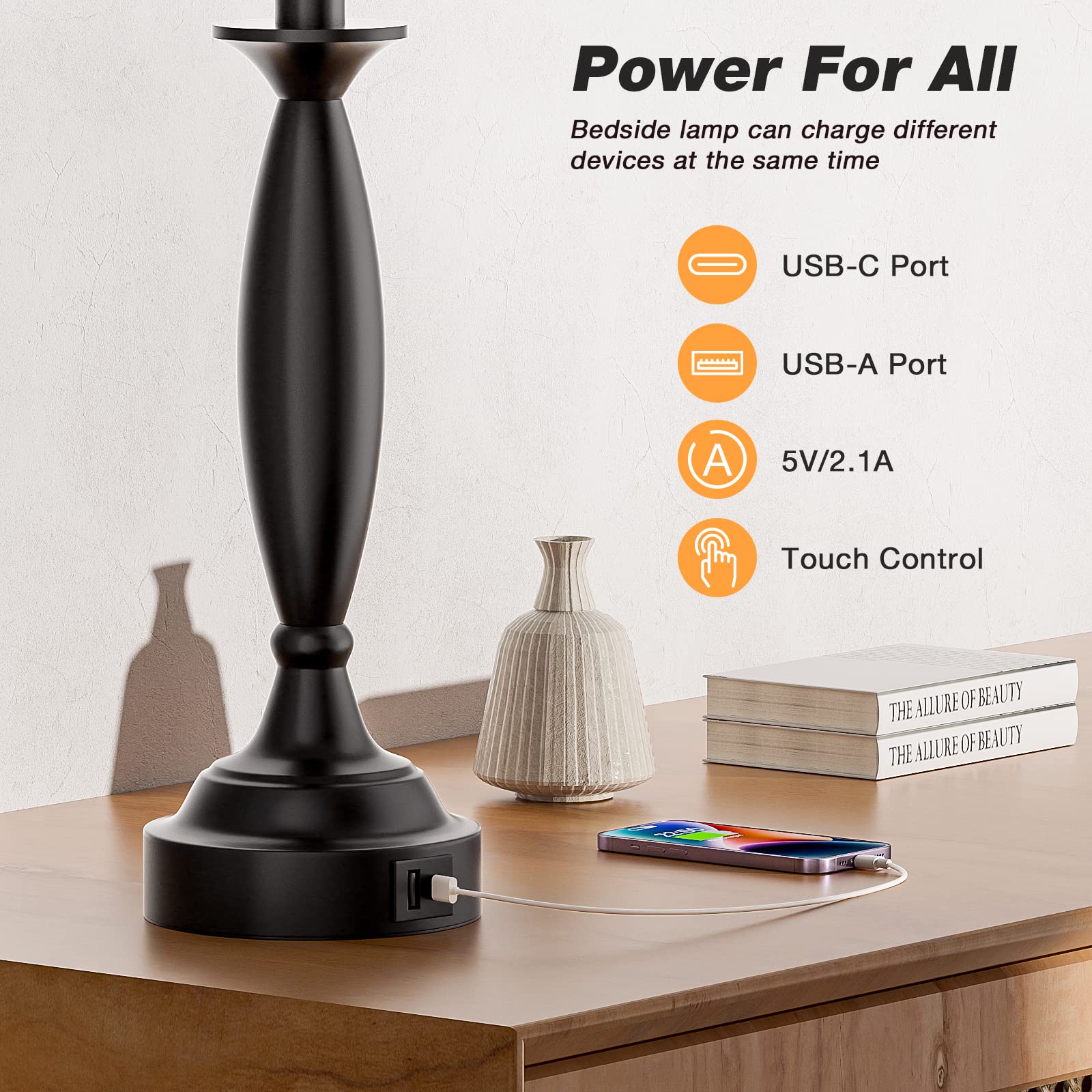 White Lamps For Bedrooms Set Of 2 - Touch Control Bedside Lamp With Usb C+A, 3 Way Dimmable Nightstand Lamps With Usb Port, Tabl