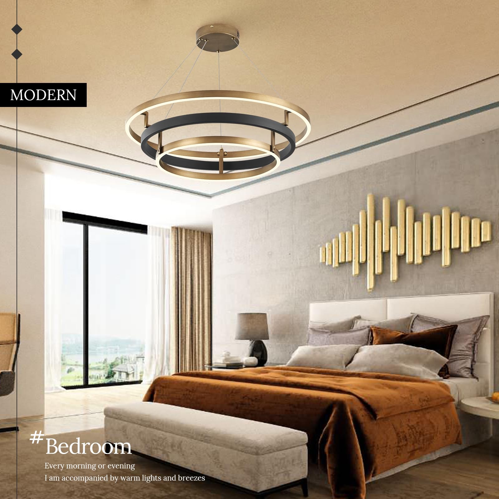 CaraLuxe LED 3-Ring Chandelier Light Fixture, Dimmable, 24in, Black Gold, Model 1004BG for Dining Room, Entry, Bedroom, Living Room