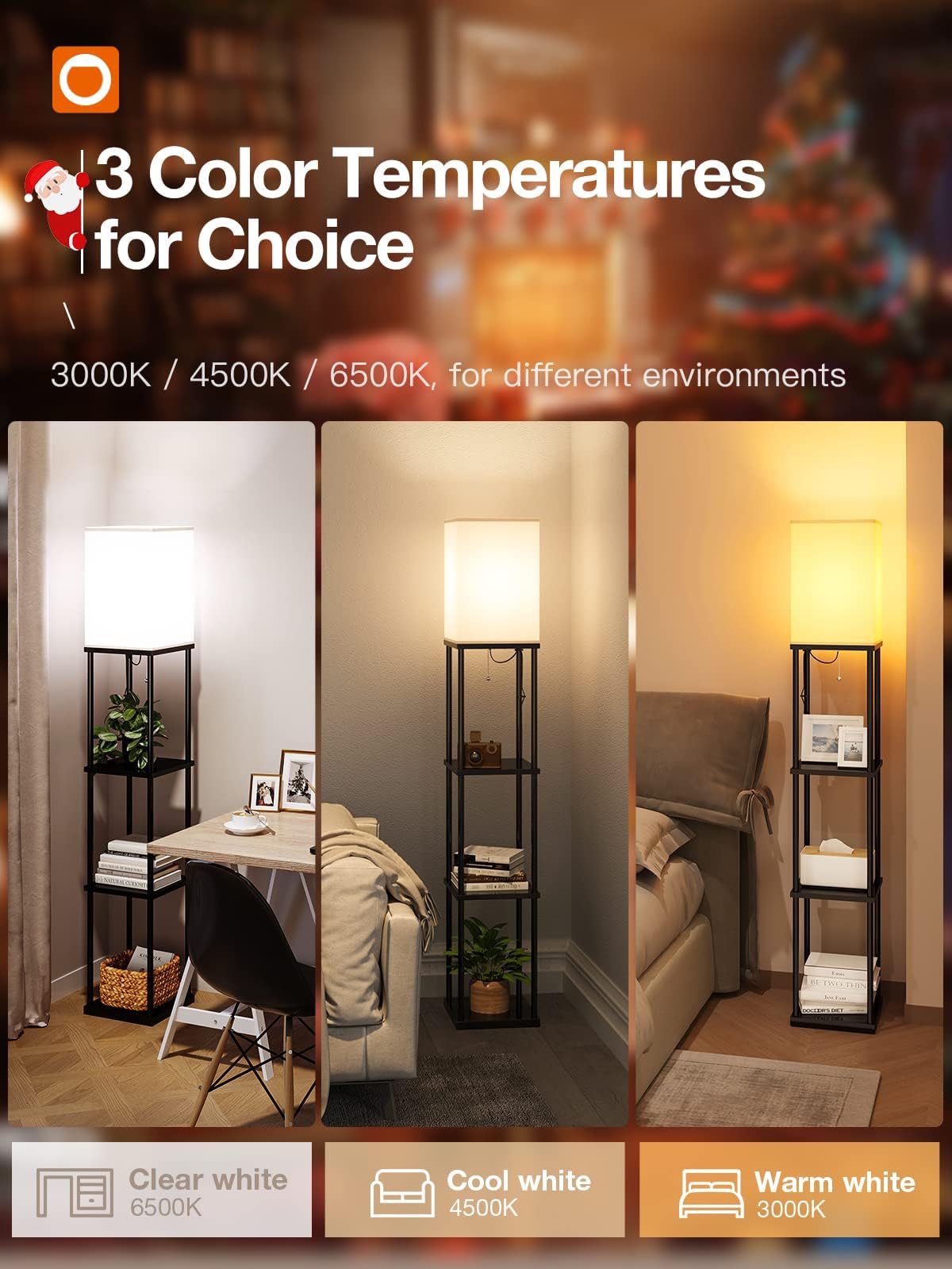 addlon Floor Lamp with Shelves, 64in H Black Wood Modern Design, 3CCT LED Bulb