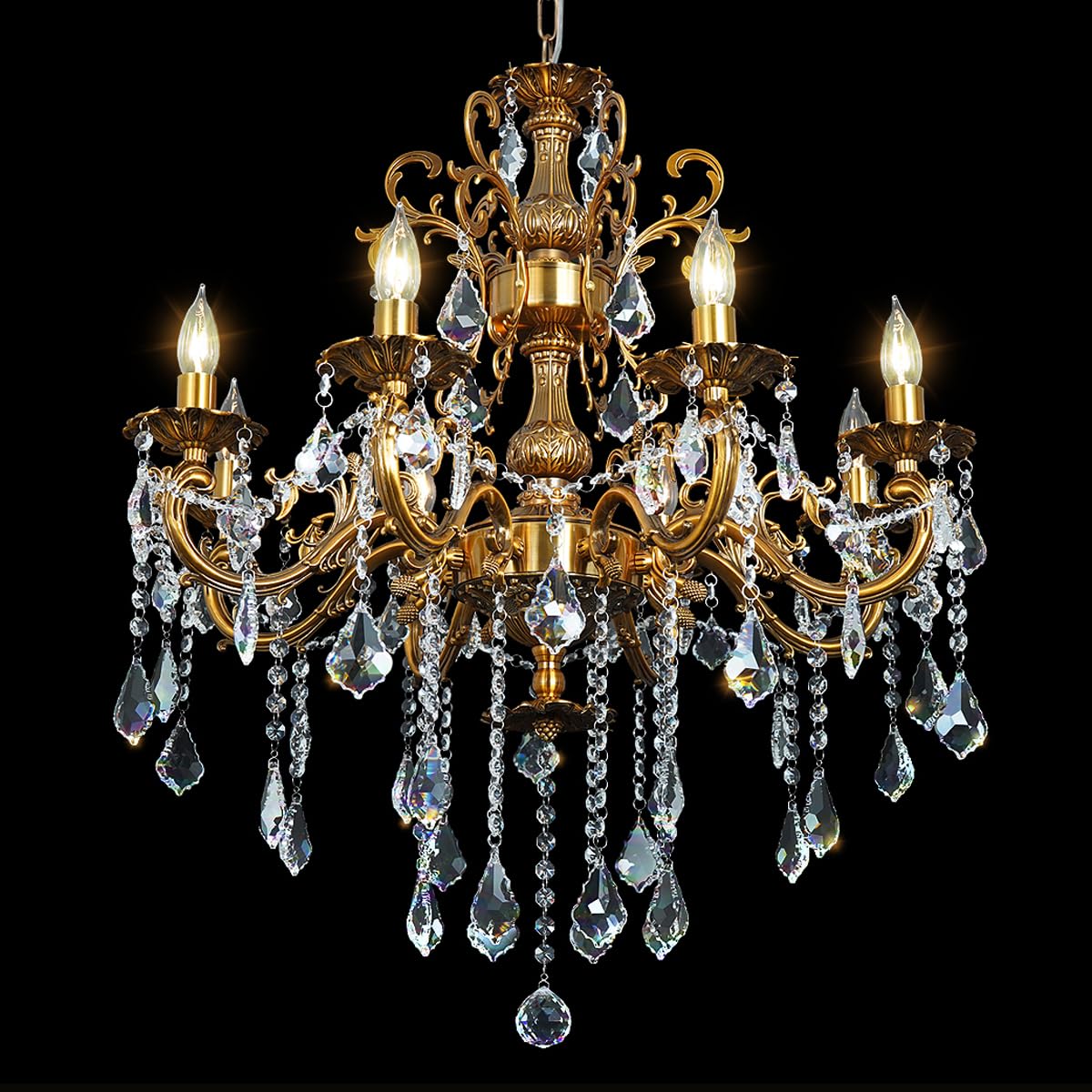 Akeelighting Antique Gold Crystal Chandelier Lighting 8-Light Contemporary Chandeliers Classic Crystal Candle Island Lighting Di