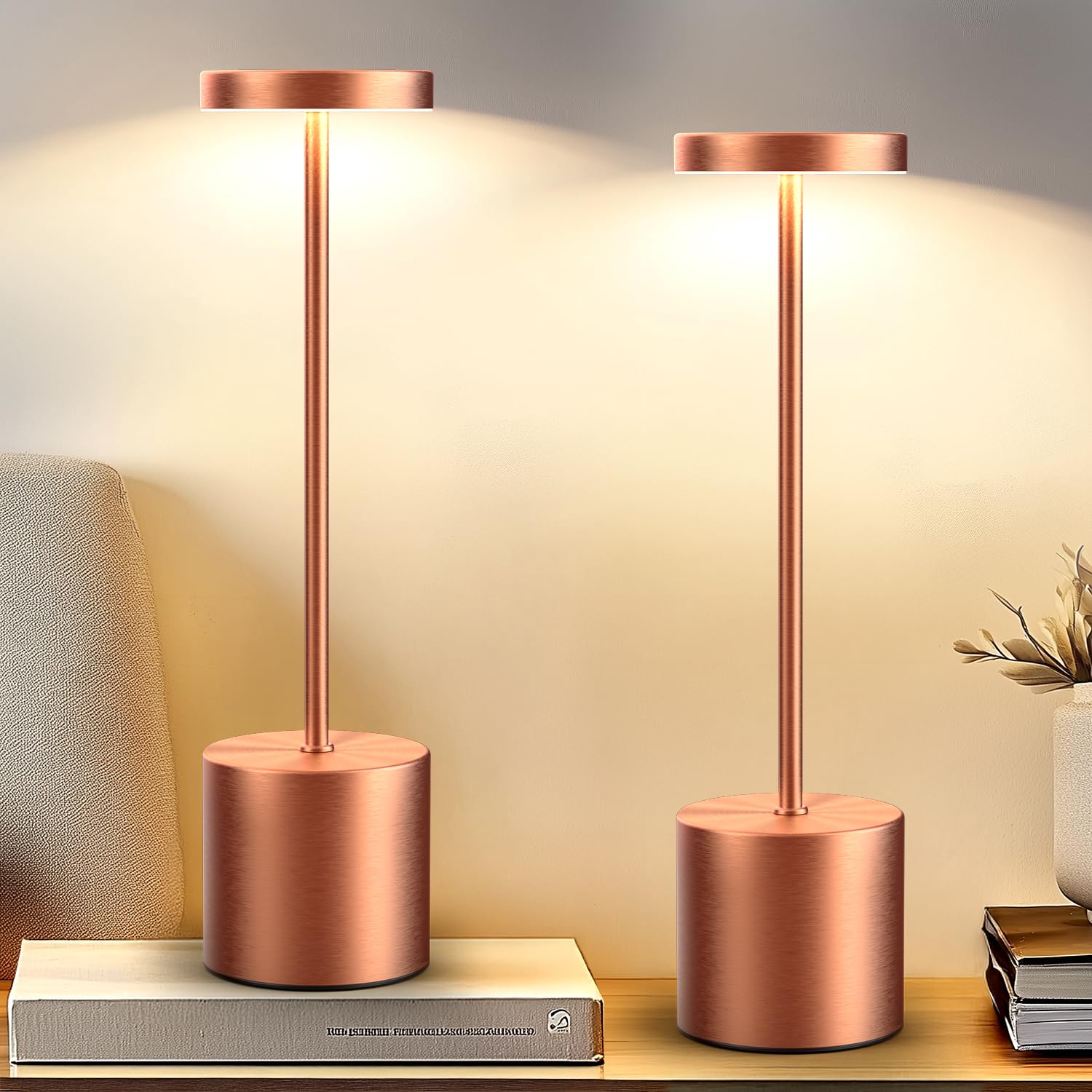 AUDLES Cordless Table Lamp - 2 Pack, 5000mAh Battery, 3-Color Dimmable Light, Rose Gold, Metal, Model 80010667