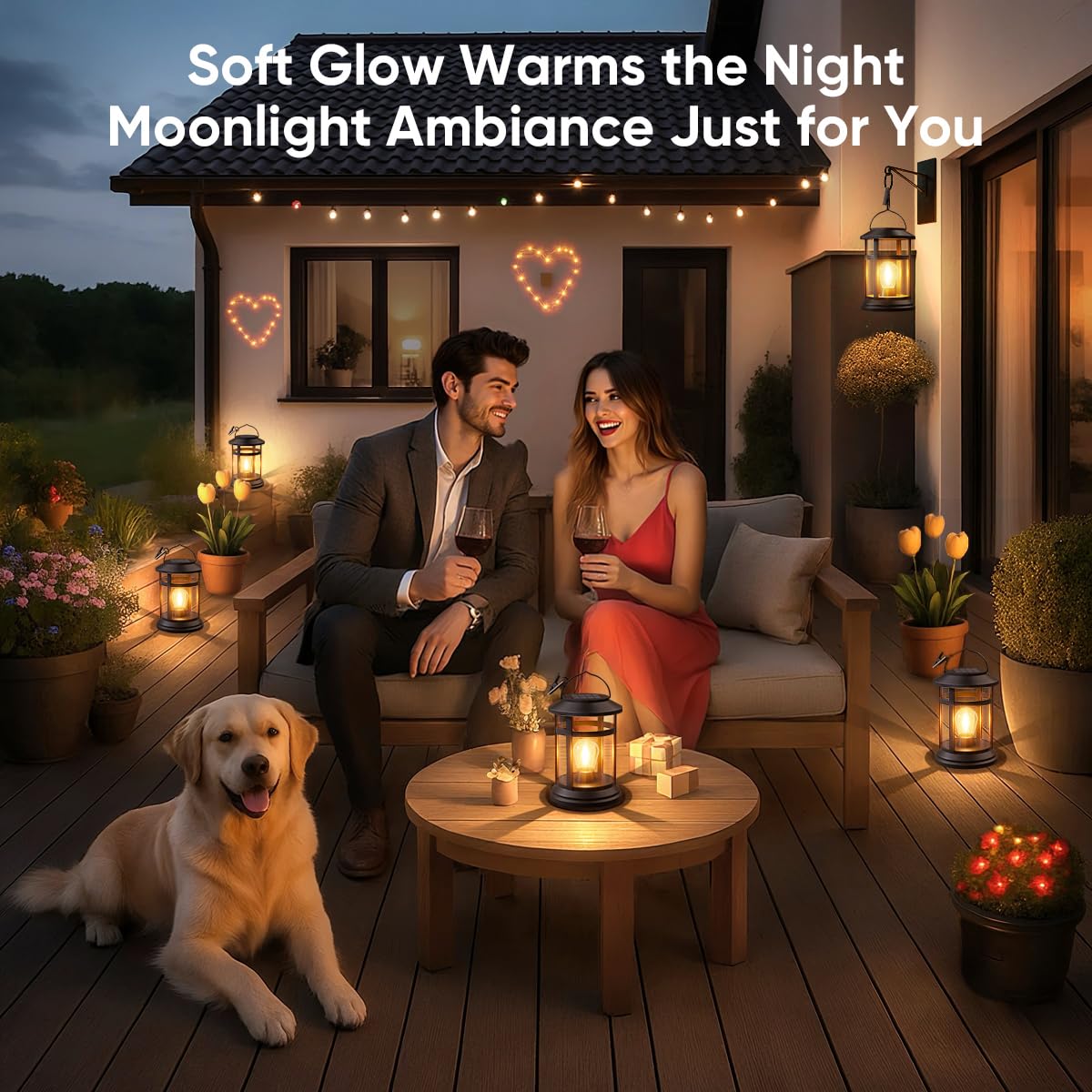 NFEVER Solar Lanterns - 4 Pack Waterproof Hanging Outdoor Lights, Warm White LED, Black Plastic, Model HUNA-LAN-4P for Patio & Garden Decor