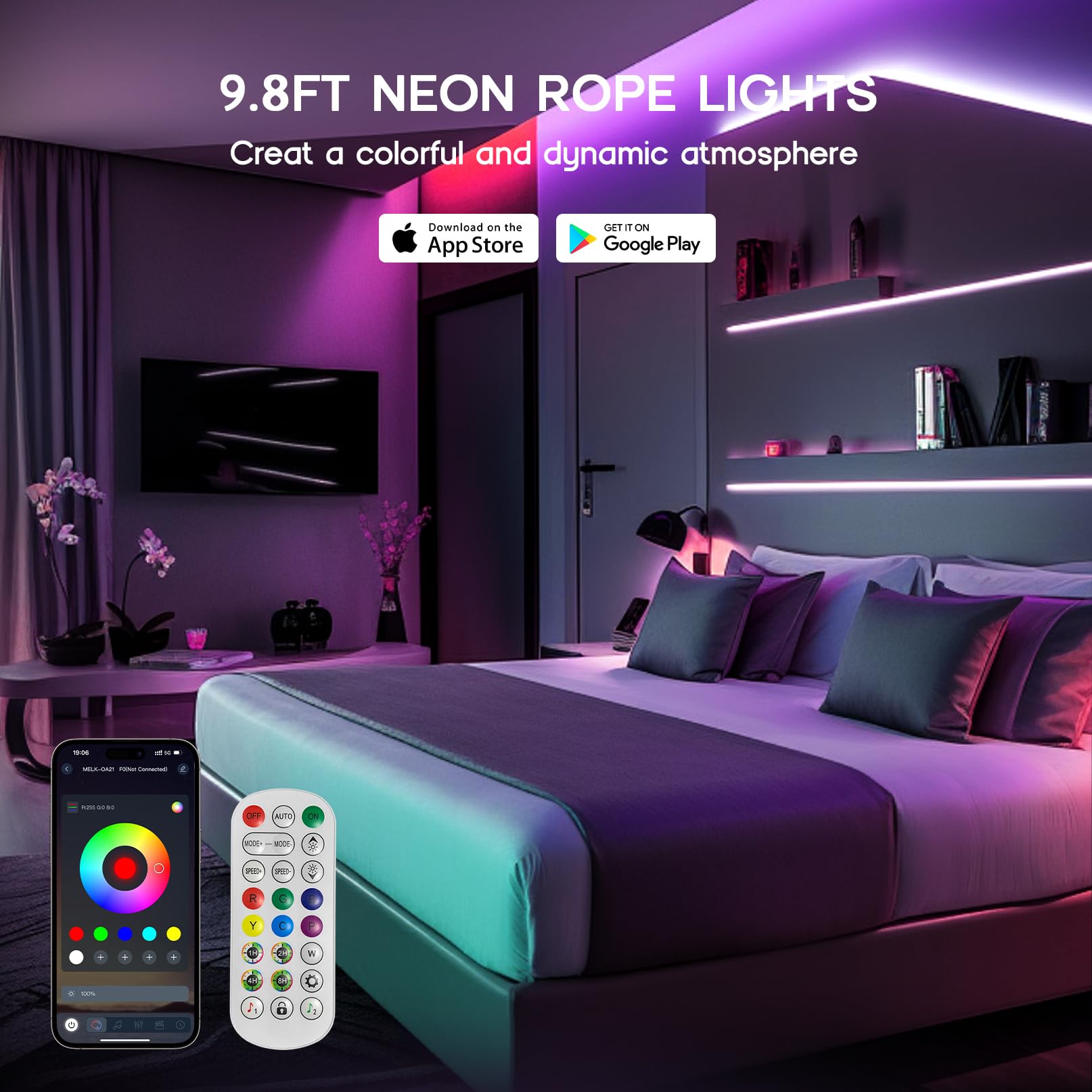 VOEWT LED Neon Lights, IC+RGB 9.8FT Rope Lights, App/Remote Control, Outdoor IP65 Waterproof, Model D661