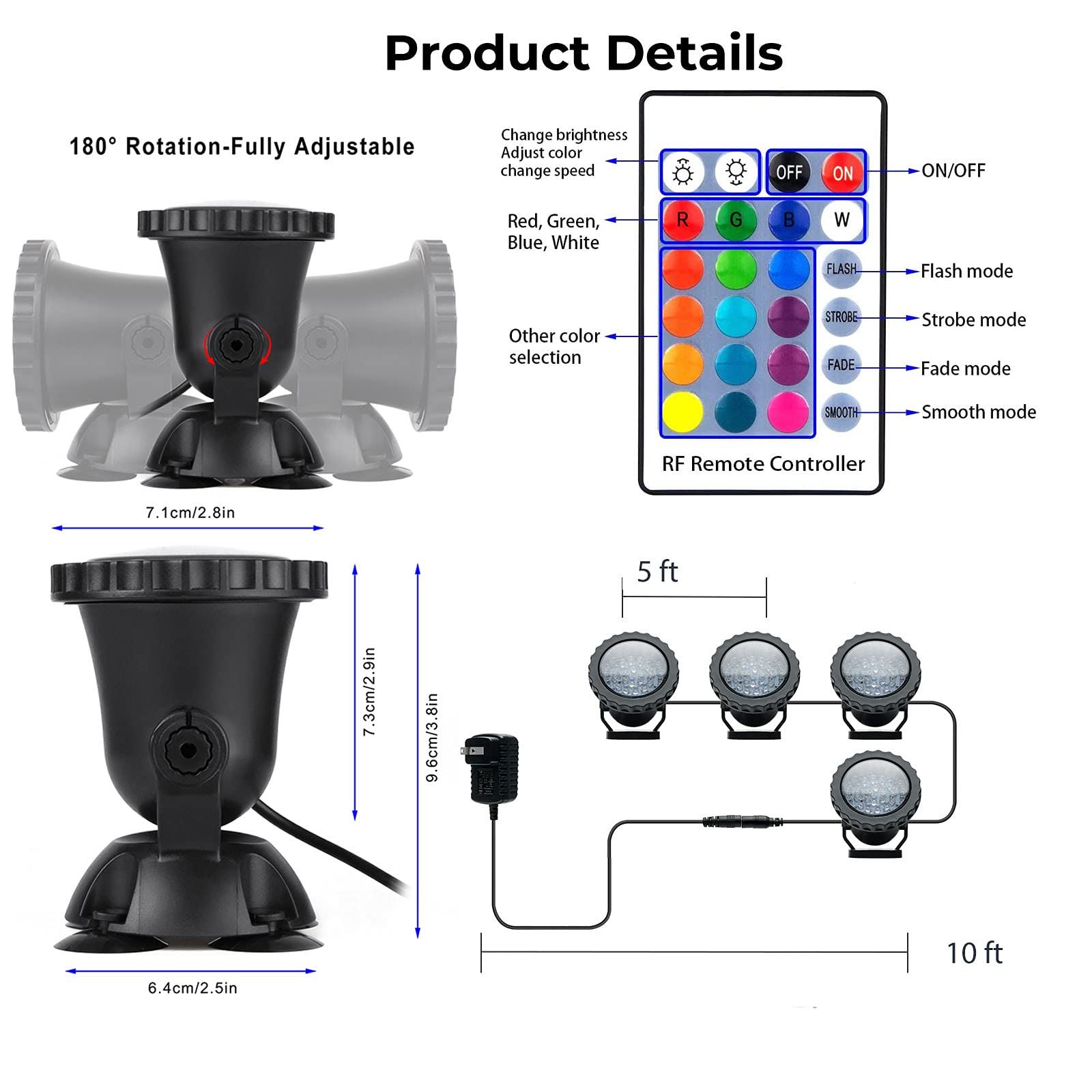 Gzkanful Underwater Pond Lights, Rgb Color Changing Spotlight Colored Led Fountain Lights Landscape Outdoor Spot Light Ip68 Waterproof Dimmable For Garden Yard Lawn Holiday Halloween (4 Lights)