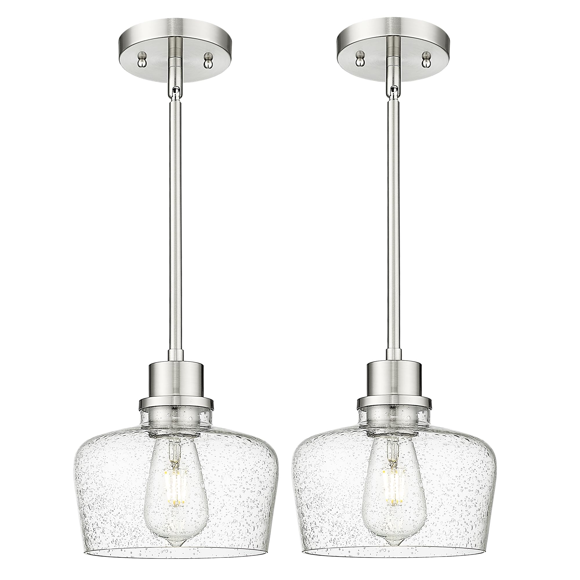 Emak Modern Brushed Nickel Pendant Lights Kitchen Island, 2 Pack 8 Inch Seeded Glass Pendant Light Fixtures For Kitchen Island,