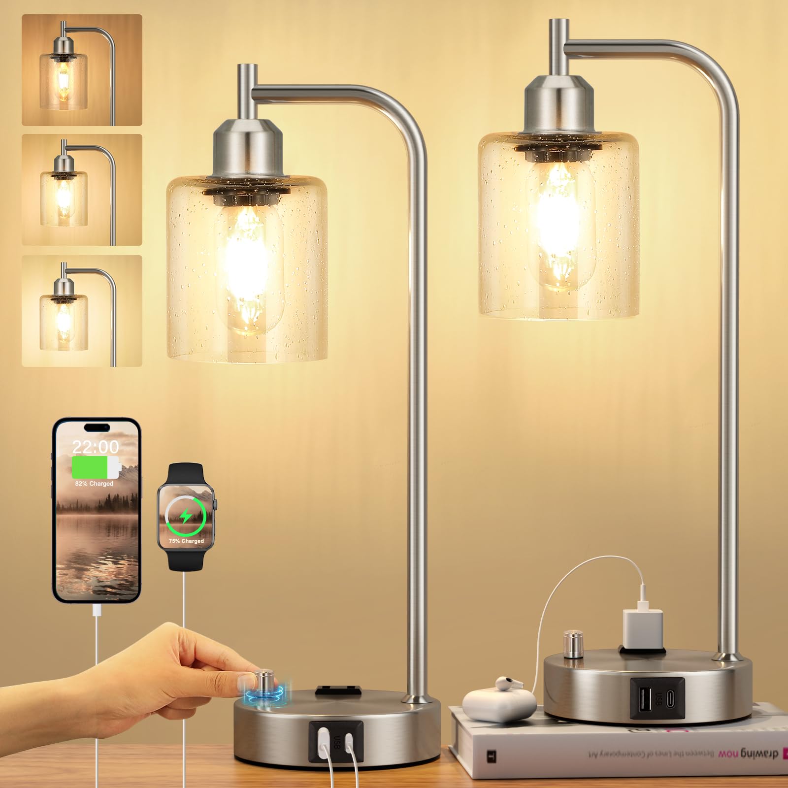 Industrial Table Lamps for Bedrooms Set of 2 - Fully Dimmable Bedside Lamps with USB A and C Ports and Outlet  Nickel Nightstand Lamps with Glass Shade for Living Room  Desk Lamps for Office Reading
