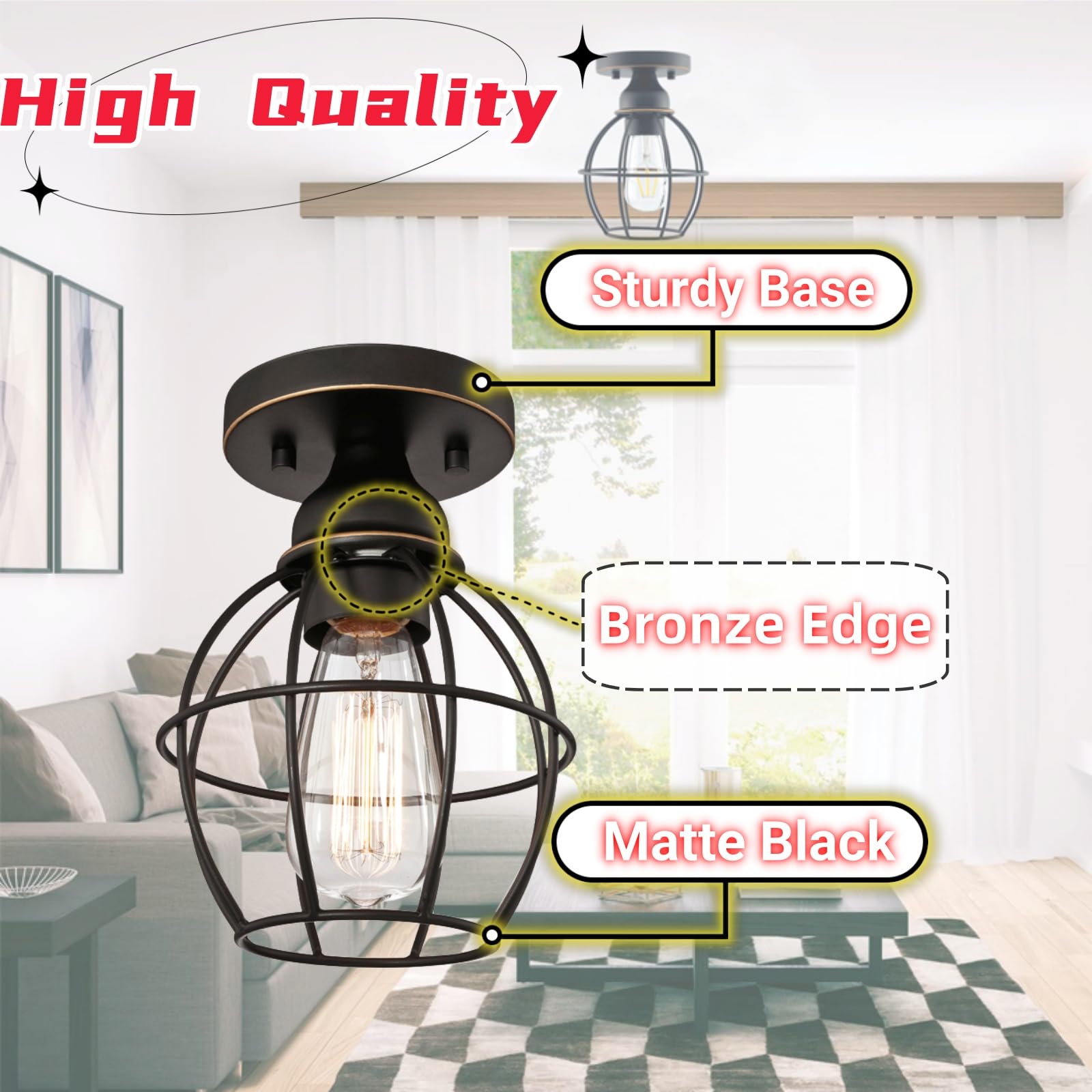 WISBEAM Oil Rubbed Bronze Semi Flush Mount Ceiling Light Fixture, E26 Medium Base MAX 60W, Metal Housing, ETL Rated, Bulbs NOT I