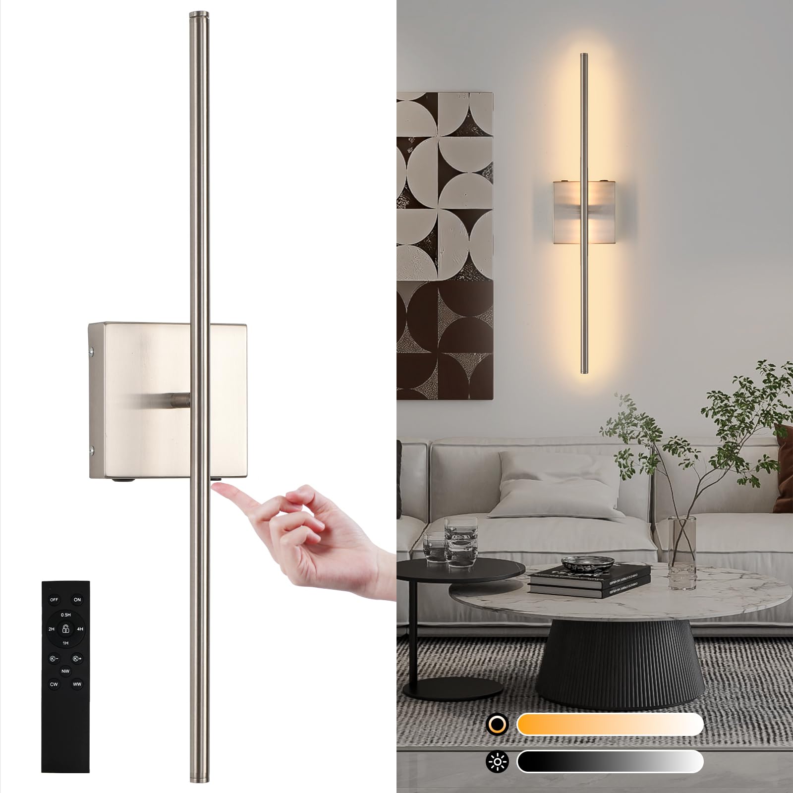 Battery Operated Wall Sconces, Modern Brushed Nickel Rechargeable Wall Sconce With Remote Control, 3000K-6000K Dimmable Led Wire