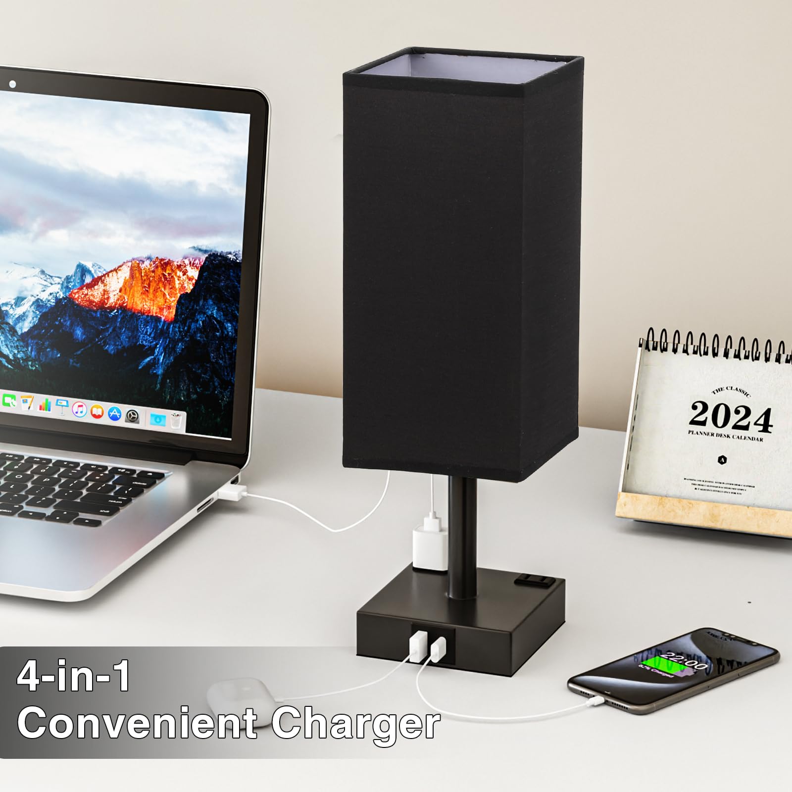 aooshine Touch Bedside Table Lamp - 3-Way Dimmable, USB A & Type C Ports, 14in, Black, Model 3-10