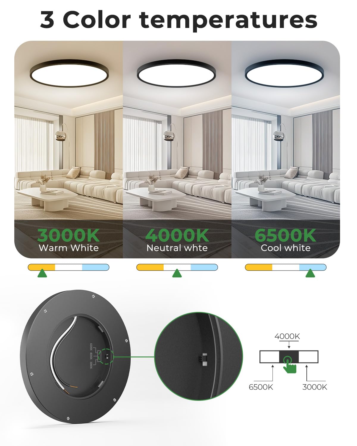 hepside 23-Inch Black Dimmable Flush Mount Ceiling Light, 3CCT 3000/4000/6500K, 50W 5000LM, Plastic,