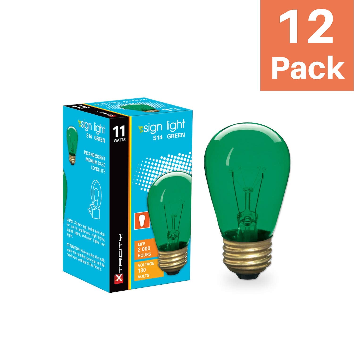 Xtricity Incandescent S14 Edison Light Bulb, E26 Medium Base, Glass, 130V, Green, 12 Count