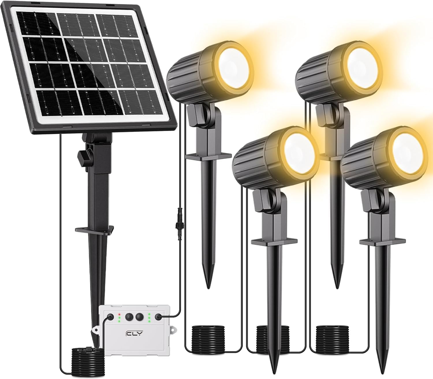 CLY 4-in-1 Solar Spot Lights Outdoor with 14M Cable Solar Powered Landscape Lighting Low Voltage IP66 Waterproof Auto On/Off for