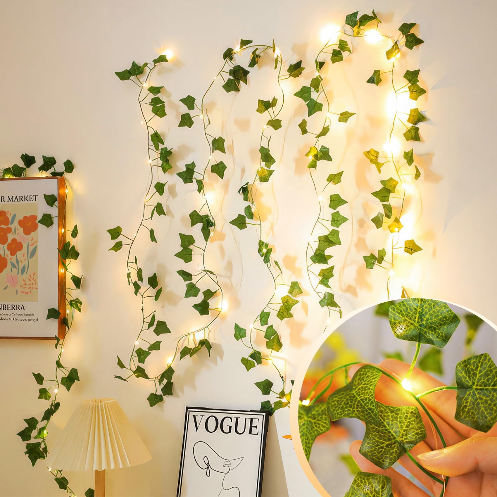 Kaszoo 2 Pack 6.56 Ft Vine With Fairy Lights, 80Leds Battery/Usb Operated, Vine String Lights, Ivy Garlands With Fairy Lights For Bedroom Party Wall Room Hanging Decor