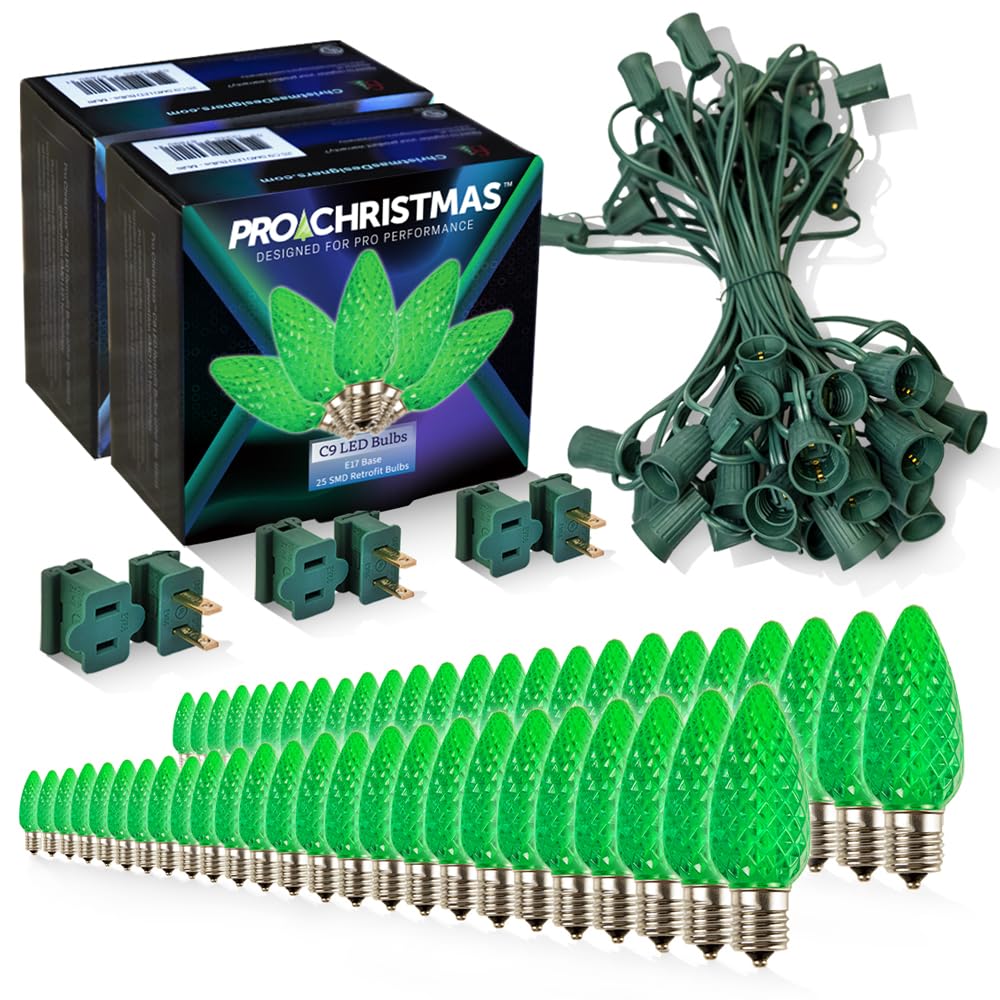 Pro Christmas C9 LED Christmas Light Kit for Rooflines & Pathways - DIY Cut to Length  Outdoor Commercial Grade (Green Wire w/Vampire Plugs  50 Bulbs  50 ft) Green