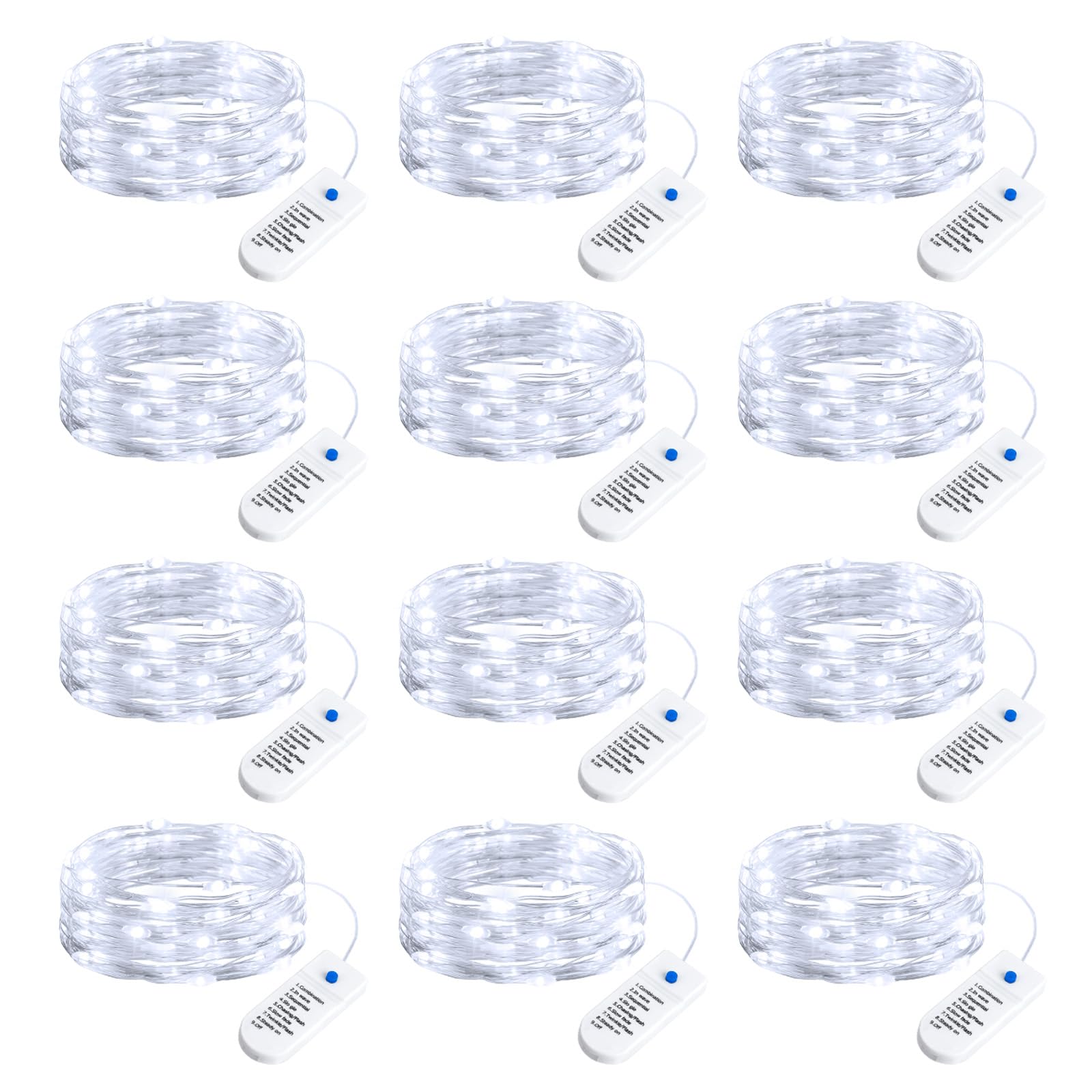 Minetom Fairy Lights 12 Pack, 20 LED, Battery Operated, 8 Modes, Timer, 7ft, White Copper Wire, Waterproof, Twinkle Lights