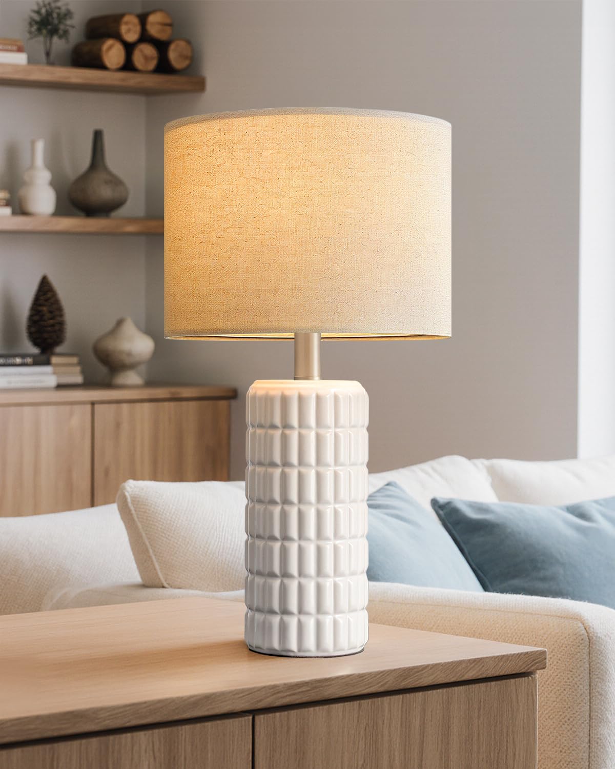 Seealle 23 Modern Ceramic Table Lamps - Table Lamps for Living Room  Farmhouse Bedside Night Stands Lamp for Bedroom  White Boho Nightstand Lamps  Desk Lamp for End Table Home Decor(Single)
