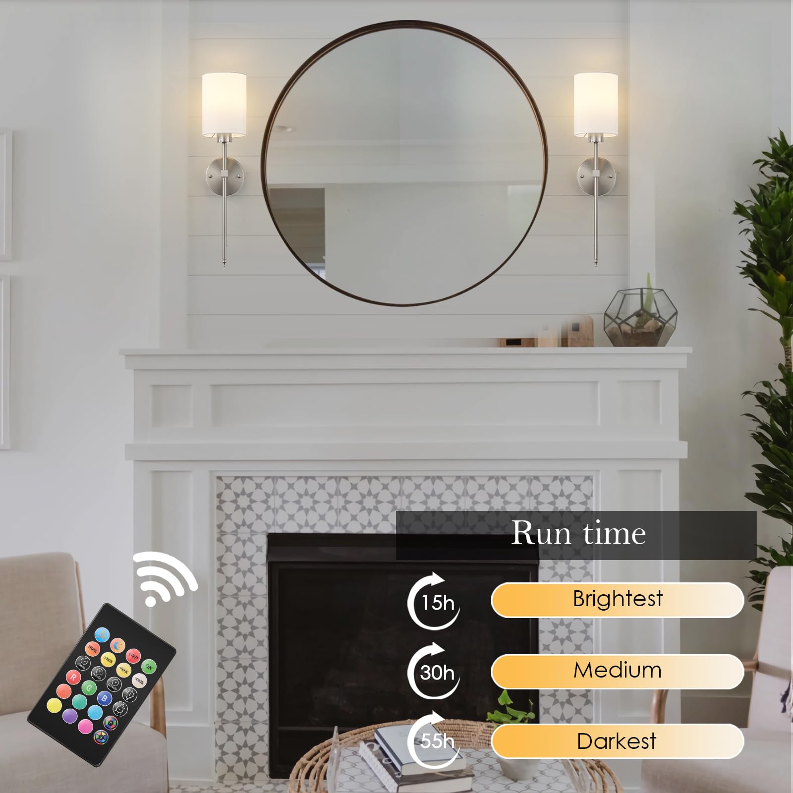 KARTOOSH Battery Operated Wall Sconces Set of Two, Wireless Rechargeable, Dimmable, 23.6 Inch, Nickel, Model ZM213B