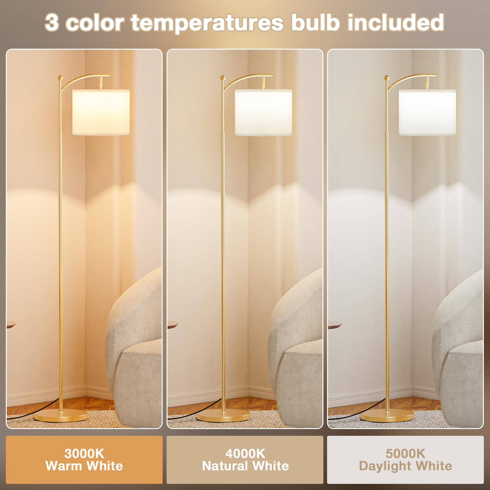 60" Floor Lamps For Living Room With 3 Color Temperatures, Adjustable White Shade With Gold Pole, Tall Lamps For Living Room Bedroom Office Classroom Dorm Room, 9W Bulb Included