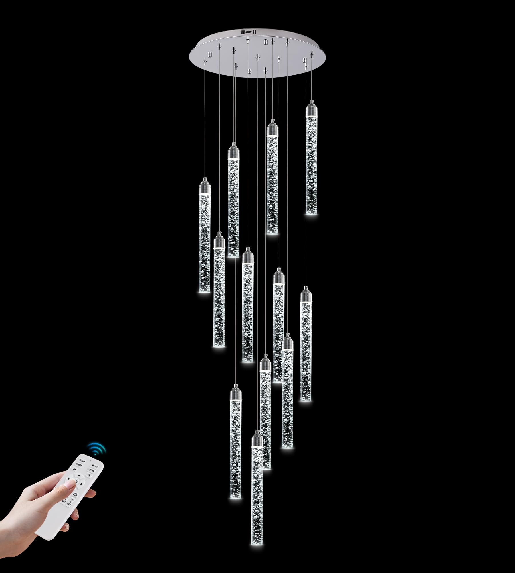 YwueChwu 12-Lights High Ceiling Crystal Staircase Chandelier Chrome, Modern Spiral Raindrop Dimmable LED Bubble Cluster Ceiling