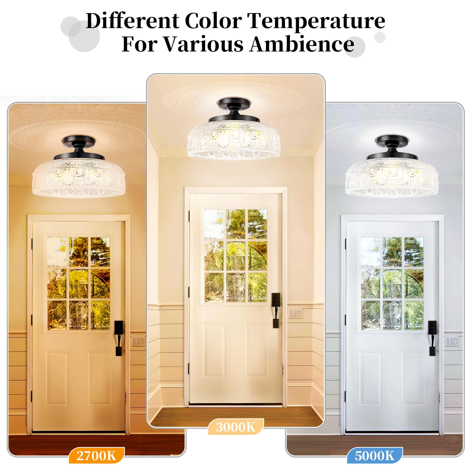 Lamomo Semi Flush Mount Ceiling Light, Upgraded Larger Black Hallway Light Fixture, 3-Bulb Globe Glass Close To Ceiling Light, I