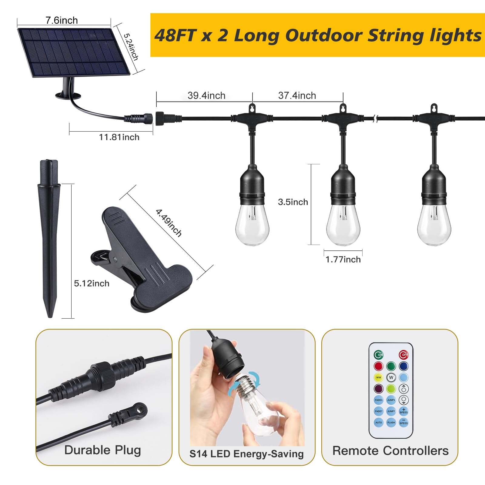 IPStank Solar Outdoor String Lights, 96FT, 30 Dimmable RGB Edison Bulbs, Waterproof, Multicolor, Model YGM-S14-15S